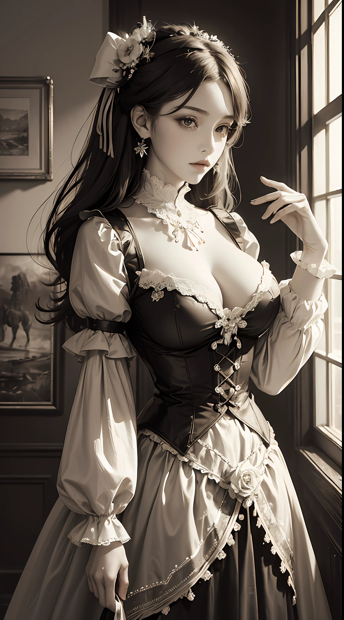 (Pure Color: 0.9), (Color: 1.1), (Masterpiece: 1,2), Best Quality, Masterpiece, High Resolution, Original, Highly Detailed Wallpaper, Beauty, Victorian, Dress, Melancholy, Big Breasts, Sepia Color, 30 years old --auto --s2