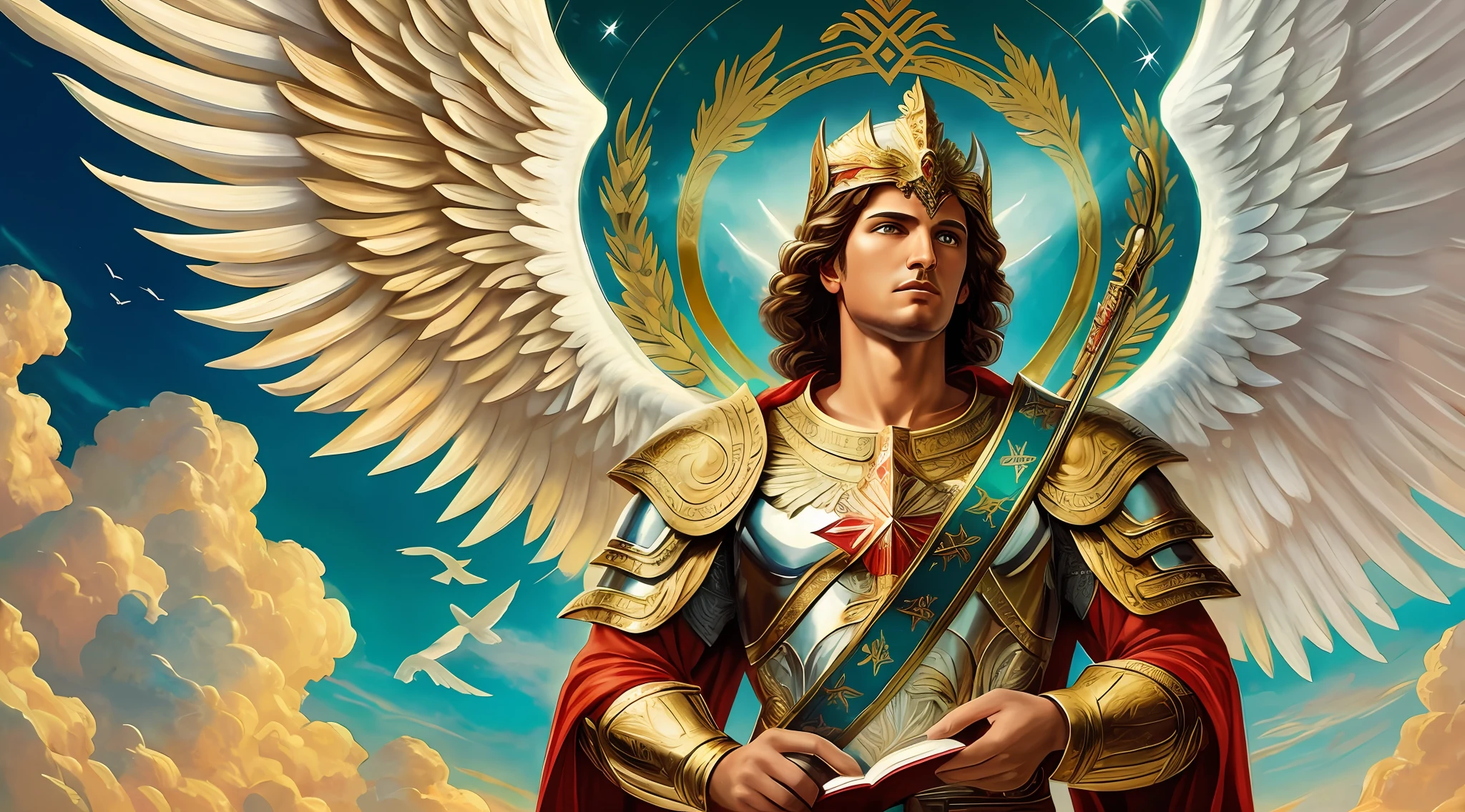 a closeup of painting of a man archangel, with wings and a book in his hands, archangel uriel,archangel michael, archangel, st. michael the angel, biblically heavenly angel, precise biblical angel, totalitarian socialist angel, inspired by God, biblically accurate angels, full of angel paintings, god art concept, uriel angel, large white wings, with green, red and white clothes, warrior of God, angel of money and gold, angel man looking at the horizon, heavenly armor --auto --s2