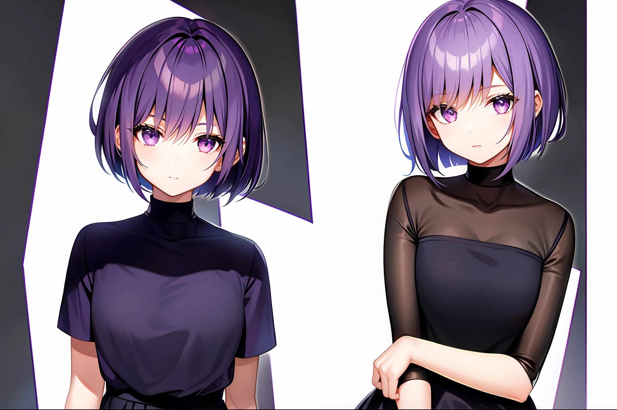 Girl with lavender purple bob cut purple eyes purple nails cute black dress standing up straight facing camera gray background