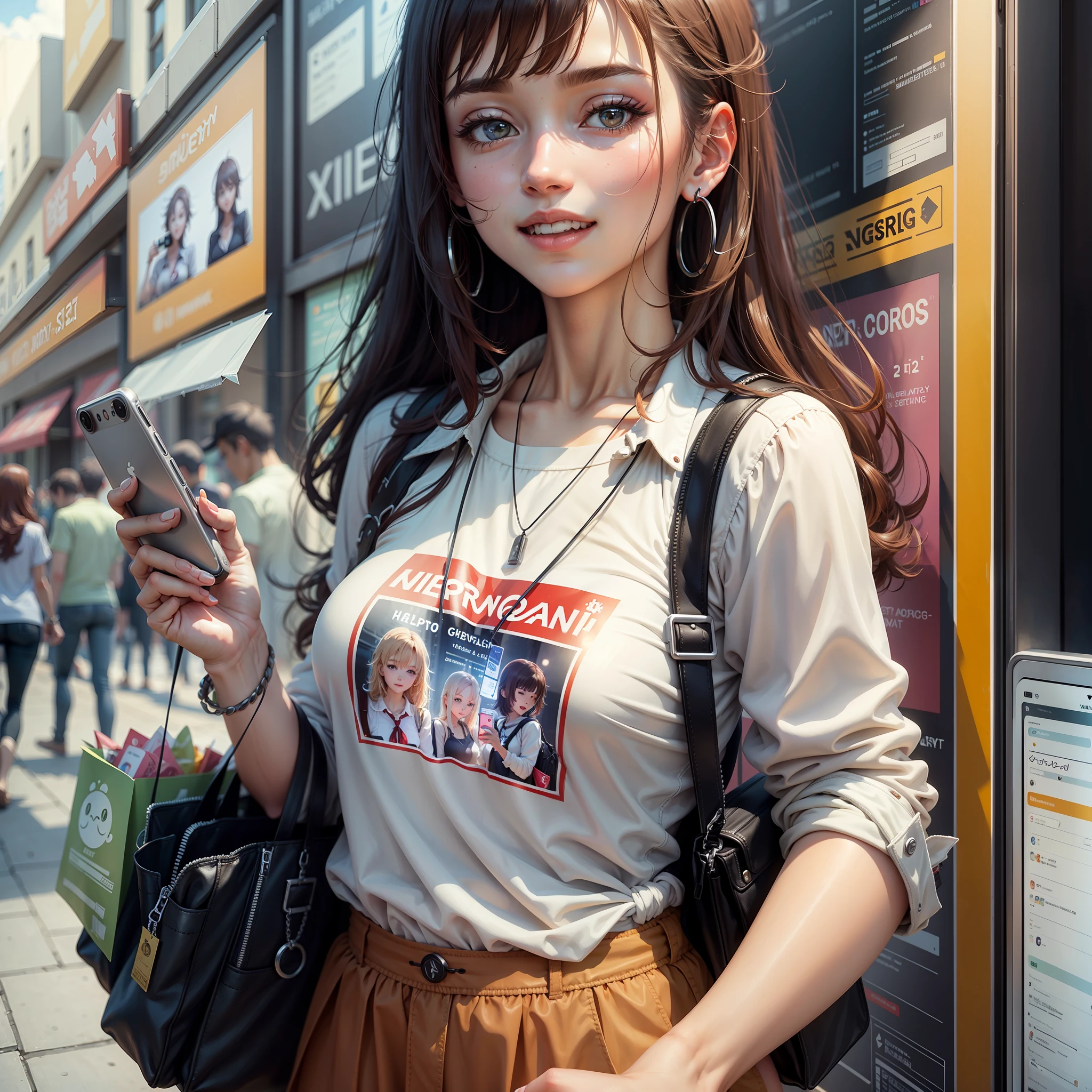 ulher holding a cell phone with happy realistic shopping ANIME --auto --s2