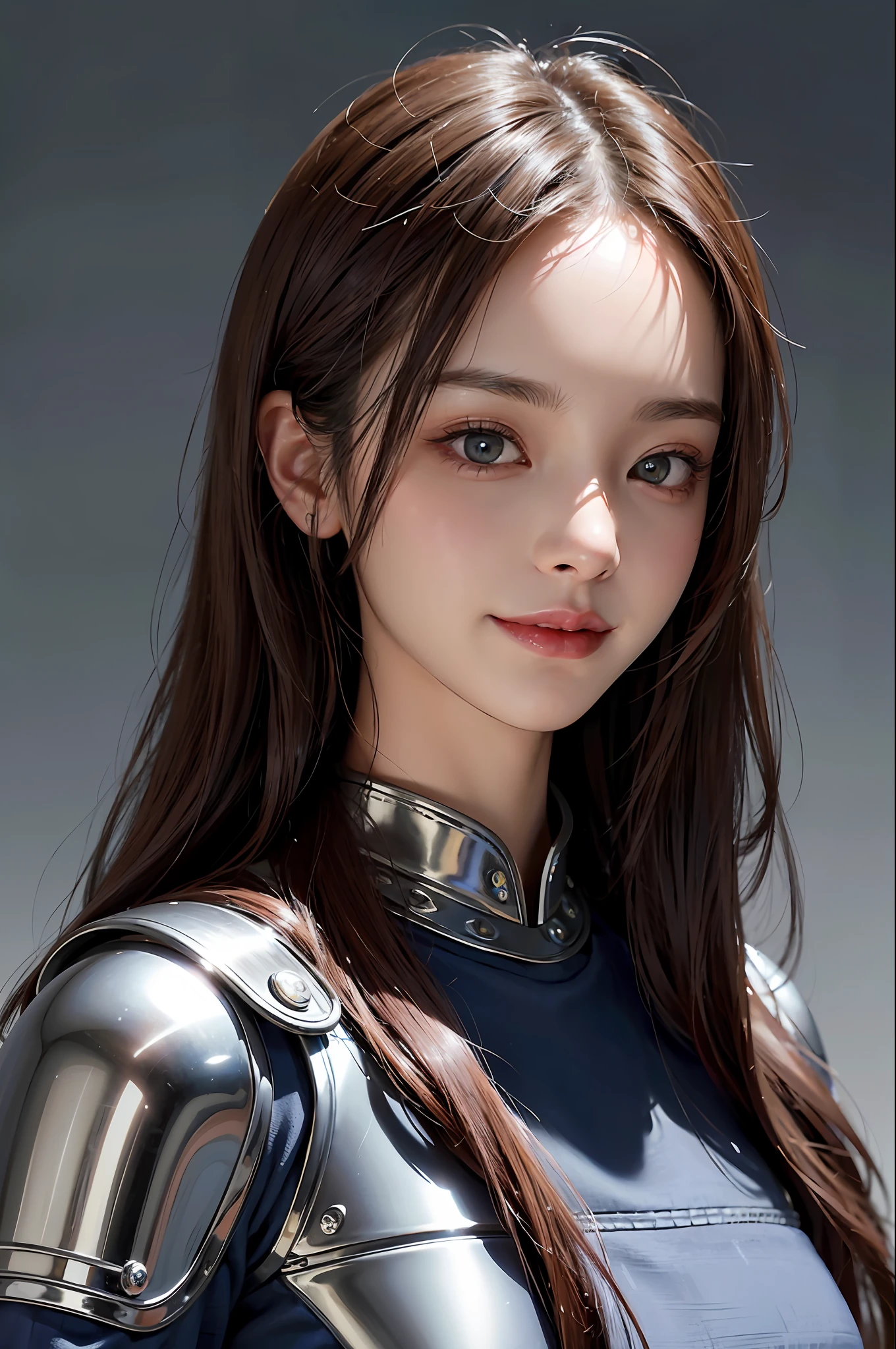 Masterpiece, 1 Beautiful Girl, Detailed, Swollen Eyes, Top Quality, Ultra High Resolution, (Reality: 1.4), Original Photo, 1Girl, Cinematic Lighting, Smiling, Japanese, Asian Beauty, Korean, Clean, Super Beautiful, Little Young Face, Beautiful Skin, Slender, Cyberpunk Background, (ultra realistic), (high resolution), (8K), (very detailed), (best illustration), (beautifully detailed eyes), (super detailed), (wallpaper), (detailed face), viewer looking, fine detail, detailed face, pureerosfaceace_v1, smiling, 46 point slanted bangs, looking straight ahead, neat clothes, black colored eyes, silver armor, armor, short navy blue skirt, hair color red, body facing front,