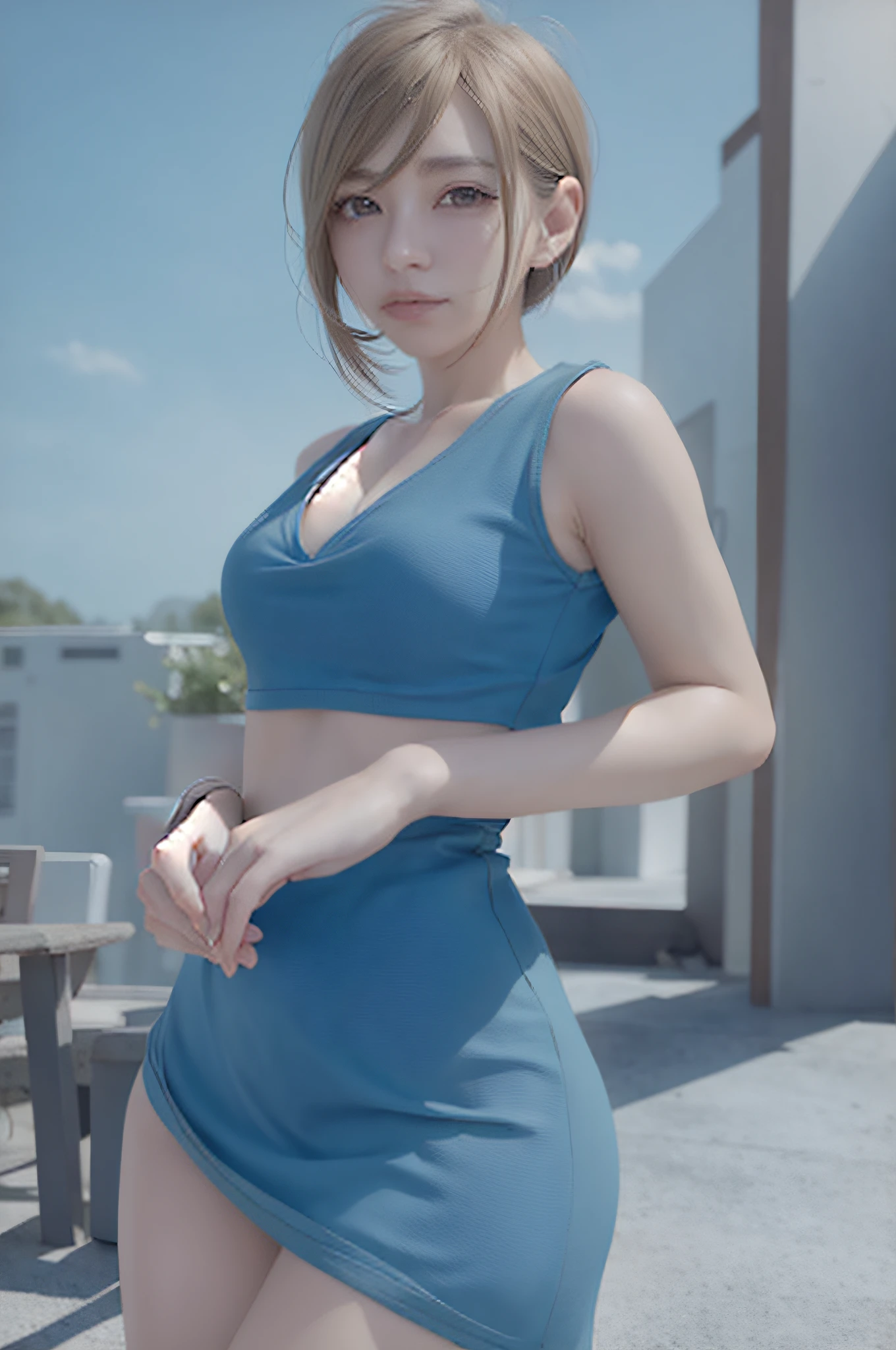 Bust up, upper body, anime girl with short hair and blue dress, posing for photo, photorealistic anime girl rendering, realistic anime 3d style, smooth anime CG art, [4k photorealism]!, photorealistic anime, soft portrait shot 8k, [4k photorealism]!, 8k portrait rendering, anime realism style, 3d anime realistic, cute realistic portrait