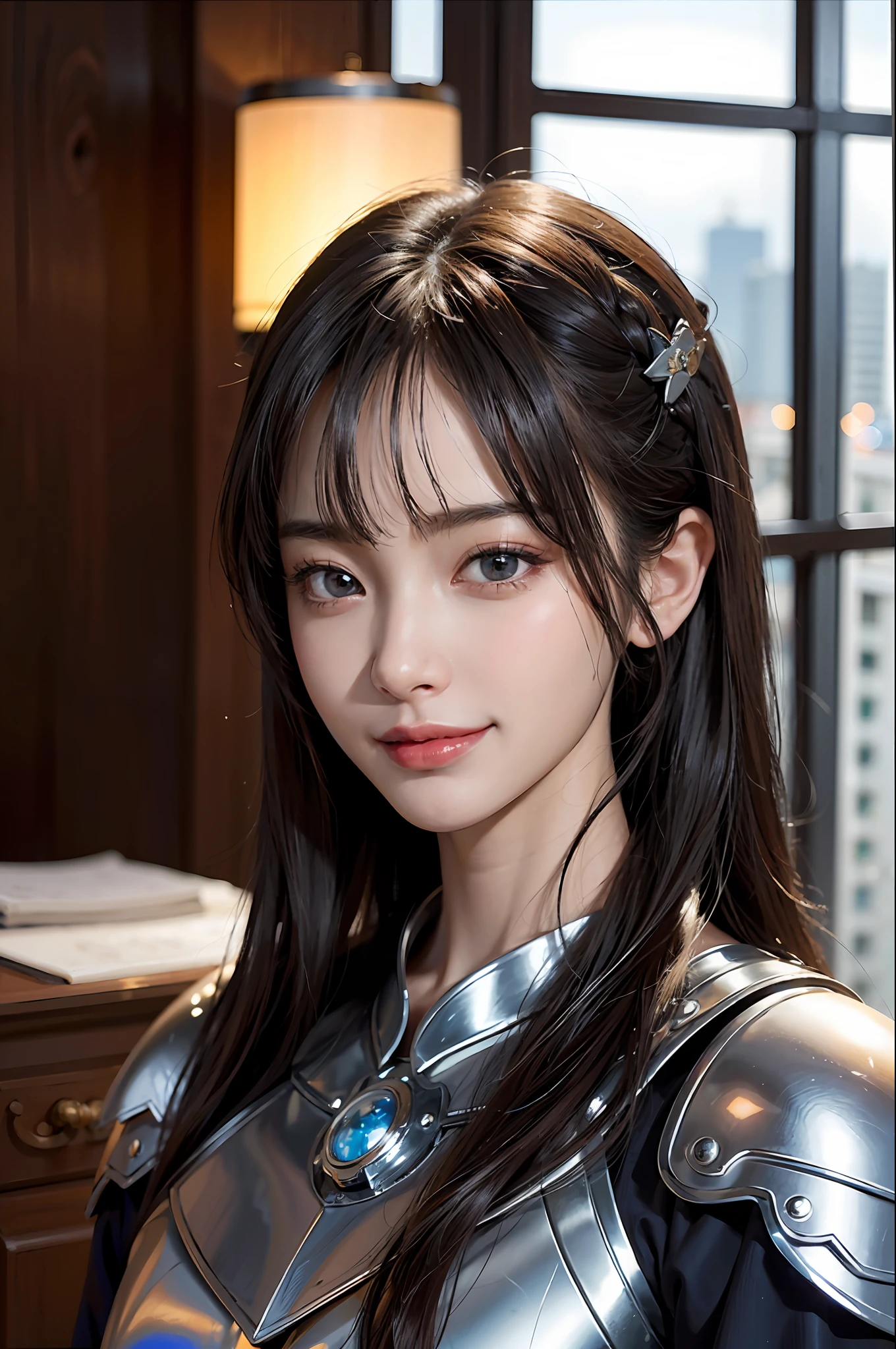 Masterpiece, 1 Beautiful Girl, Detailed, Swollen Eyes, Top Quality, Ultra High Resolution, (Reality: 1.4), Original Photo, 1Girl, Cinematic Lighting, Smiling, Japanese, Asian Beauty, Korean, Clean, Super Beautiful, Little Young Face, Beautiful Skin, Slender, Cyberpunk Background, (ultra realistic), (high resolution), (8K), (very detailed), (best illustration), (beautifully detailed eyes), (super detailed), (wallpaper), (detailed face), viewer looking, fine detail, detailed face, pureerosfaceace_v1, smiling, 46 point slanted bangs, looking straight ahead, neat clothes, black colored eyes, silver armor, armor, short navy blue skirt, hair color red, body facing front,