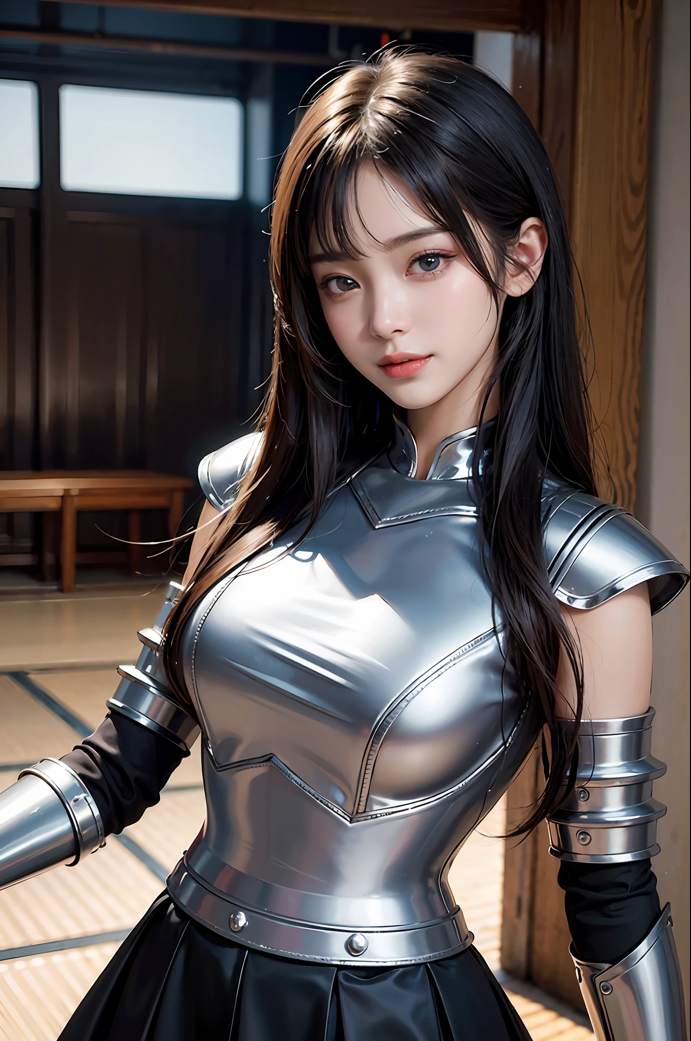 Masterpiece, 1 Beautiful Girl, Detailed, Swollen Eyes, Top Quality, Ultra High Resolution, (Reality: 1.4), Original Photo, 1Girl, Cinematic Lighting, Smiling, Japanese, Asian Beauty, Korean, Clean, Super Beautiful, Little Young Face, Beautiful Skin, Slender, Cyberpunk Background, (ultra realistic), (high resolution), (8K), (very detailed), (best illustration), (beautifully detailed eyes), (super detailed), (wallpaper), (detailed face), viewer looking, fine detail, detailed face, pureerosfaceace_v1, smiling, 46 point slanted bangs, looking straight ahead, neat clothes, black colored eyes, silver armor, armor, short navy blue skirt, hair color red, body facing front,