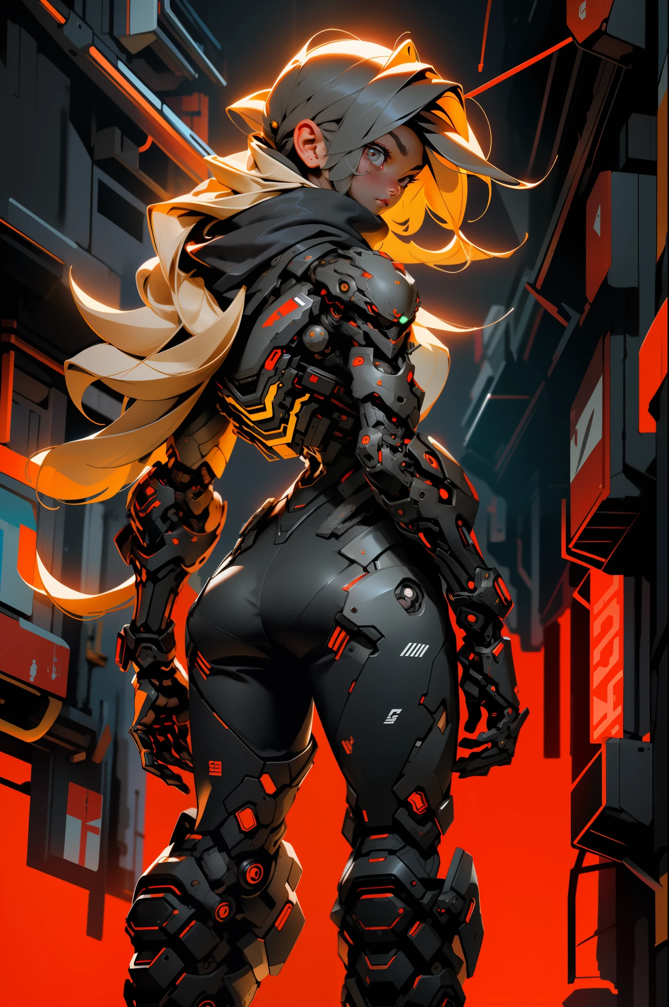 high quality, 1girl, android, (black and grey) upper armor, mechanical arms, scarf, long hair, blonde hair, standing, red background, looking at viewer, from behind, day, city,