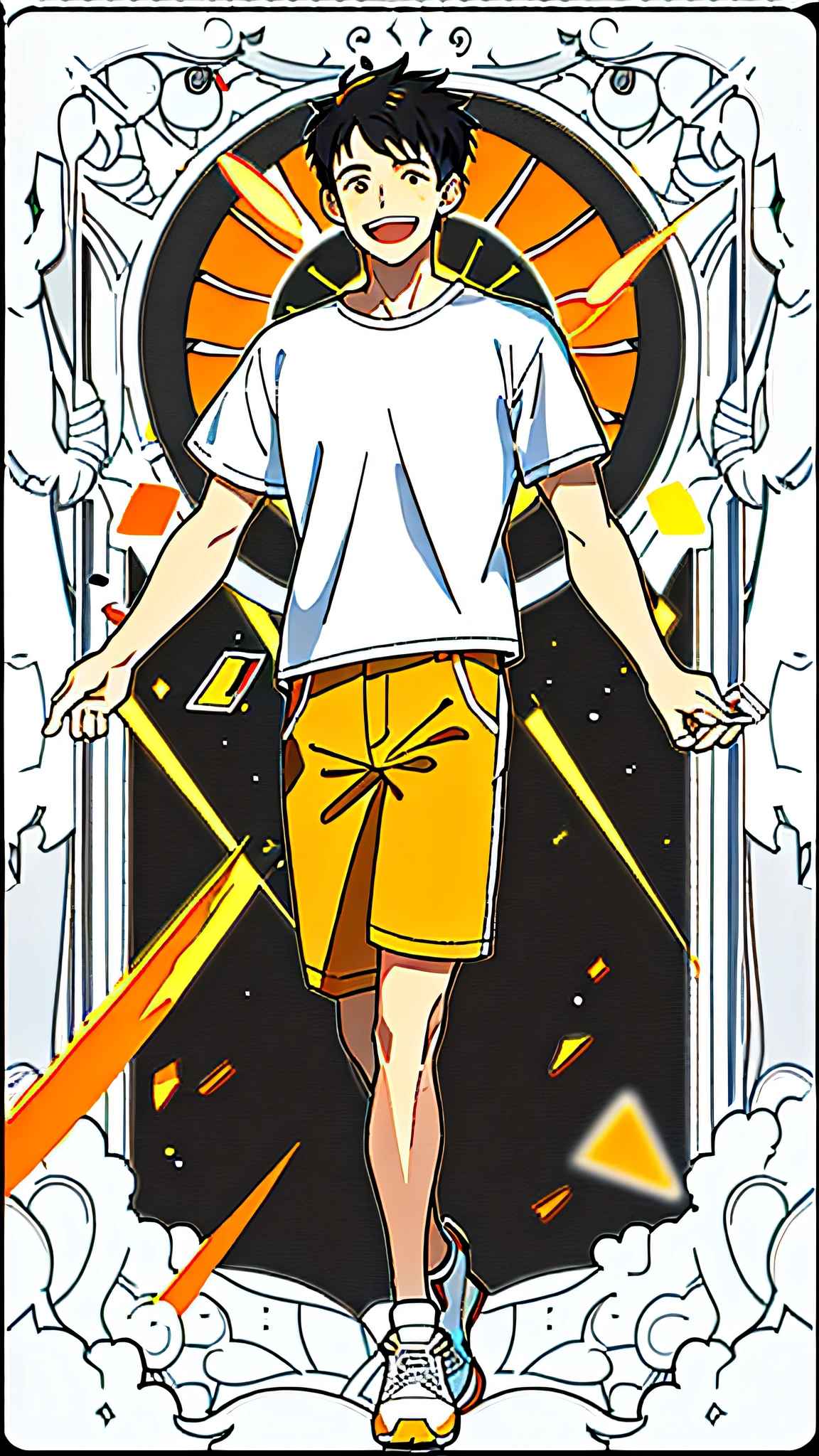 masterpiece, best quality, full body, card, 1 man, the sun, happy, laugh, short hair, black hair,  brush cut, white shirt, standing, white, light, music, art, yellow, orange, black,  buzz cut, bara, man, street style, white t-shirt, short pant, sport, center