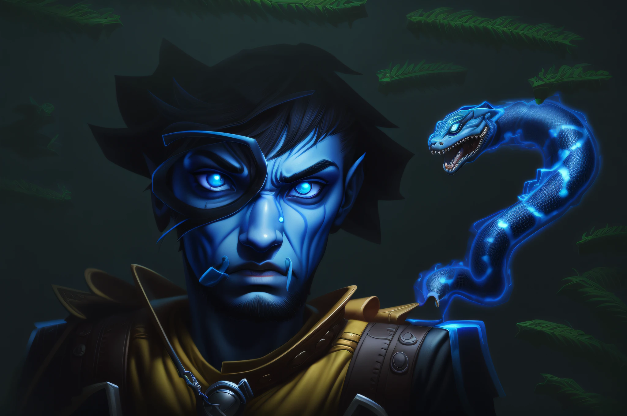 Cartoon of a man with a snake on his shoulder, horrified look in his eyes, he is with a swollen eye, 3d image, digital art, closeup character art, jacksepticeye, focused look, close-up!!!, closeup!!!!, closeup!!!, murdoc niccals, joshy sly-style art, shaded cell!, no blemish right eye, Highly detailed digital art in 4K, blue background.