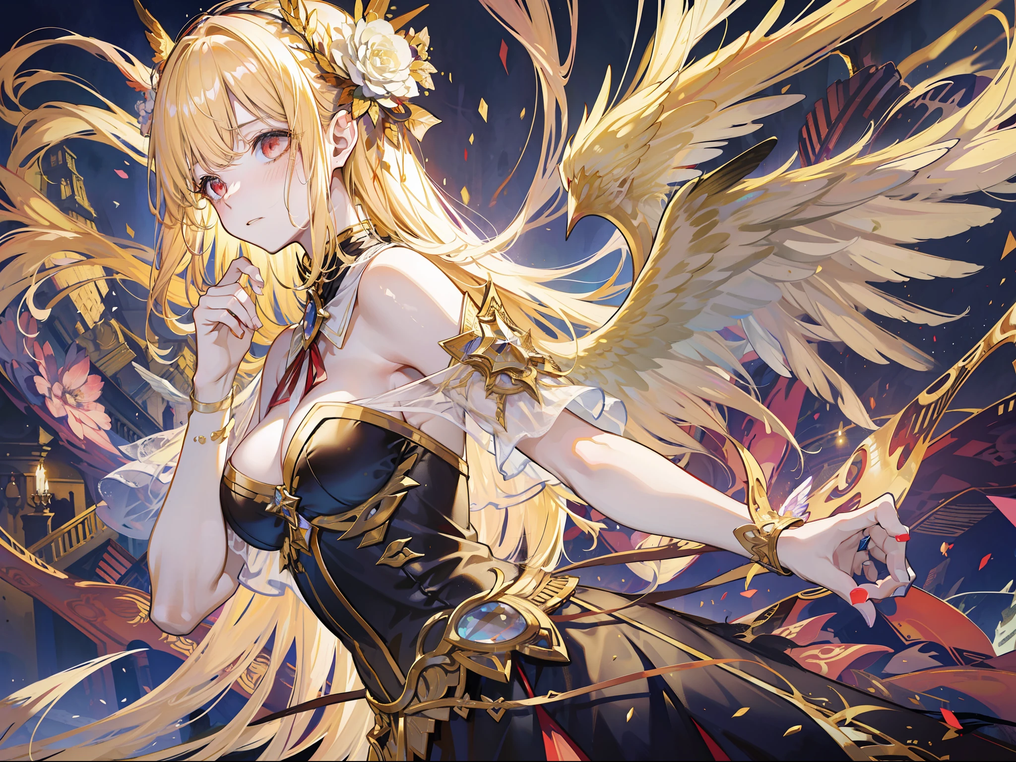 woman, blonde, red eyes, melancholy mood, absurdity, colorful inflection, unreal, dark appearance, delicate, mysterious, six angel wings, angel messenger, golden world, golden, mysterious palace, apostle, messenger of God