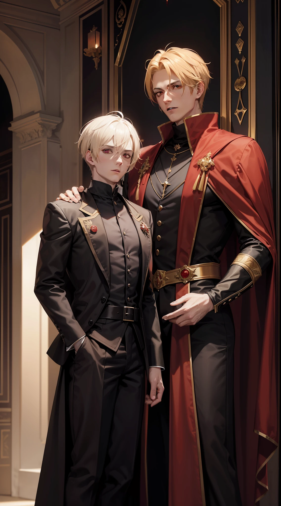 A 29-year-old man, a vampire king with blond hair (short hair) and red eyes, he wears a brown robe and black outfit with red. (Senarius a bloody moon night in a royal castle)