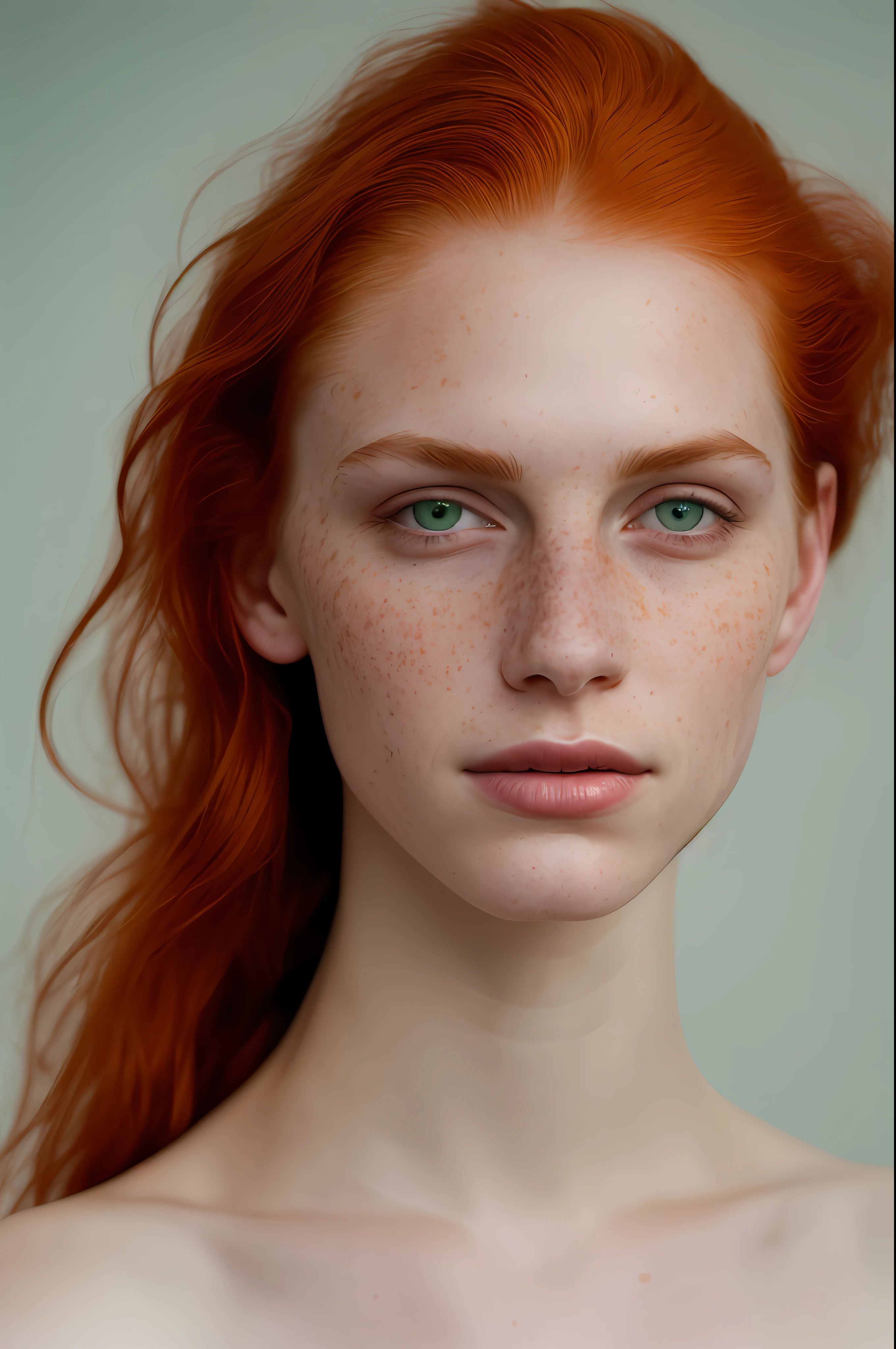 Highly detailed RAW color close-up portrait of pale beautiful 20-year-old woman ((naked)) (((beautiful, red-haired, slim) with angular face, feminine, green eyes)), realistic, symmetrical, highly detailed, harsh lighting, cinematic lighting, serious eyes, contrast, textured skin, cold skin pores, 45 degrees, harsh light, gigapixels, feet visible, flawless face, light freckles, perfectly shaved