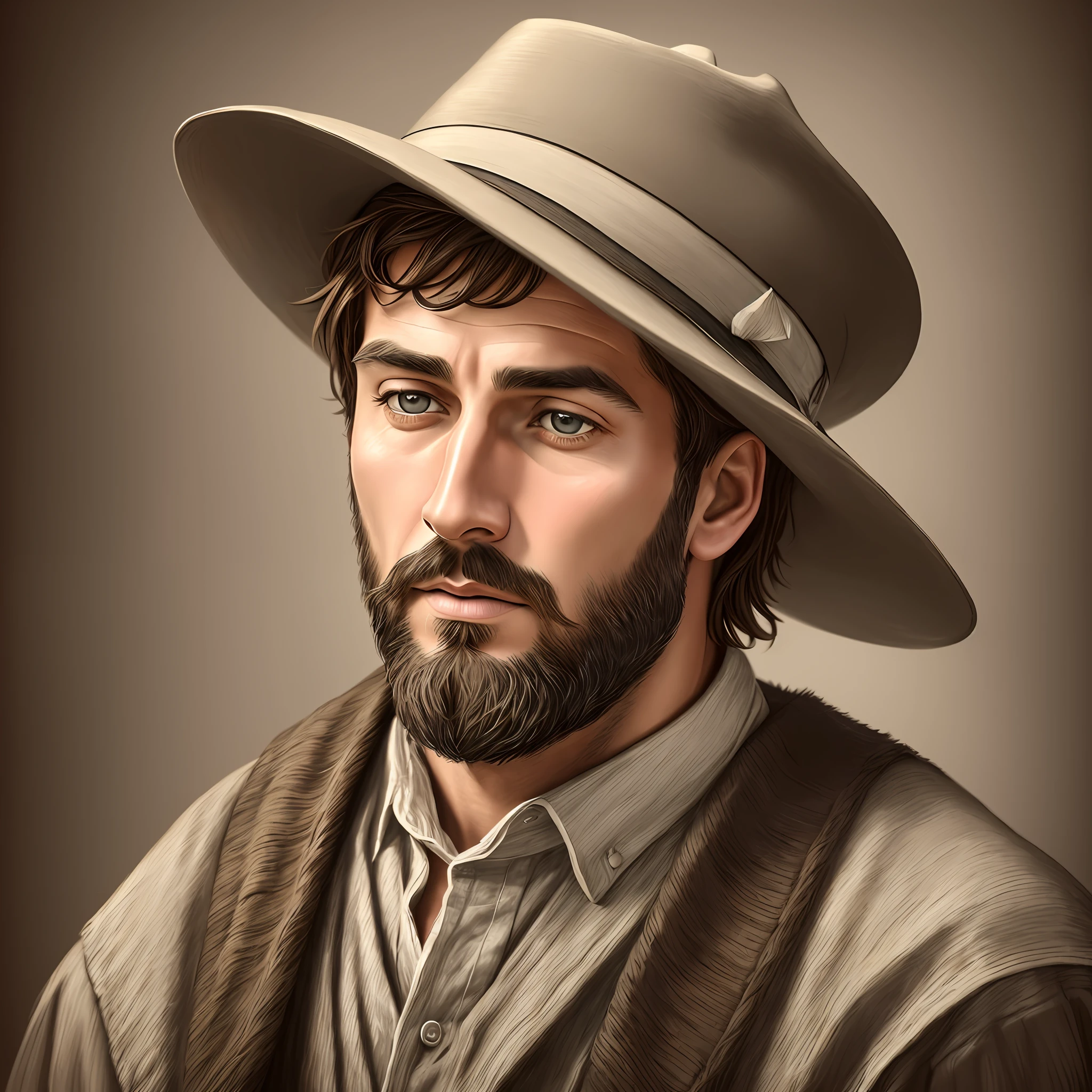 a man wearing a hat and a shirt, portrait of a male pilgrim, short hair, deep look, symmetry!, cinematic realistic portrait, beautiful stunning realistic, highly detailed VFX portrait,pilgrim, realistic digital painting, bearded pilgrim, high quality portrait, ultra realistic digital painting, photorealistic digital painting, detailed beautiful face, extremely detailed man, make him thoughtful side --auto --s2