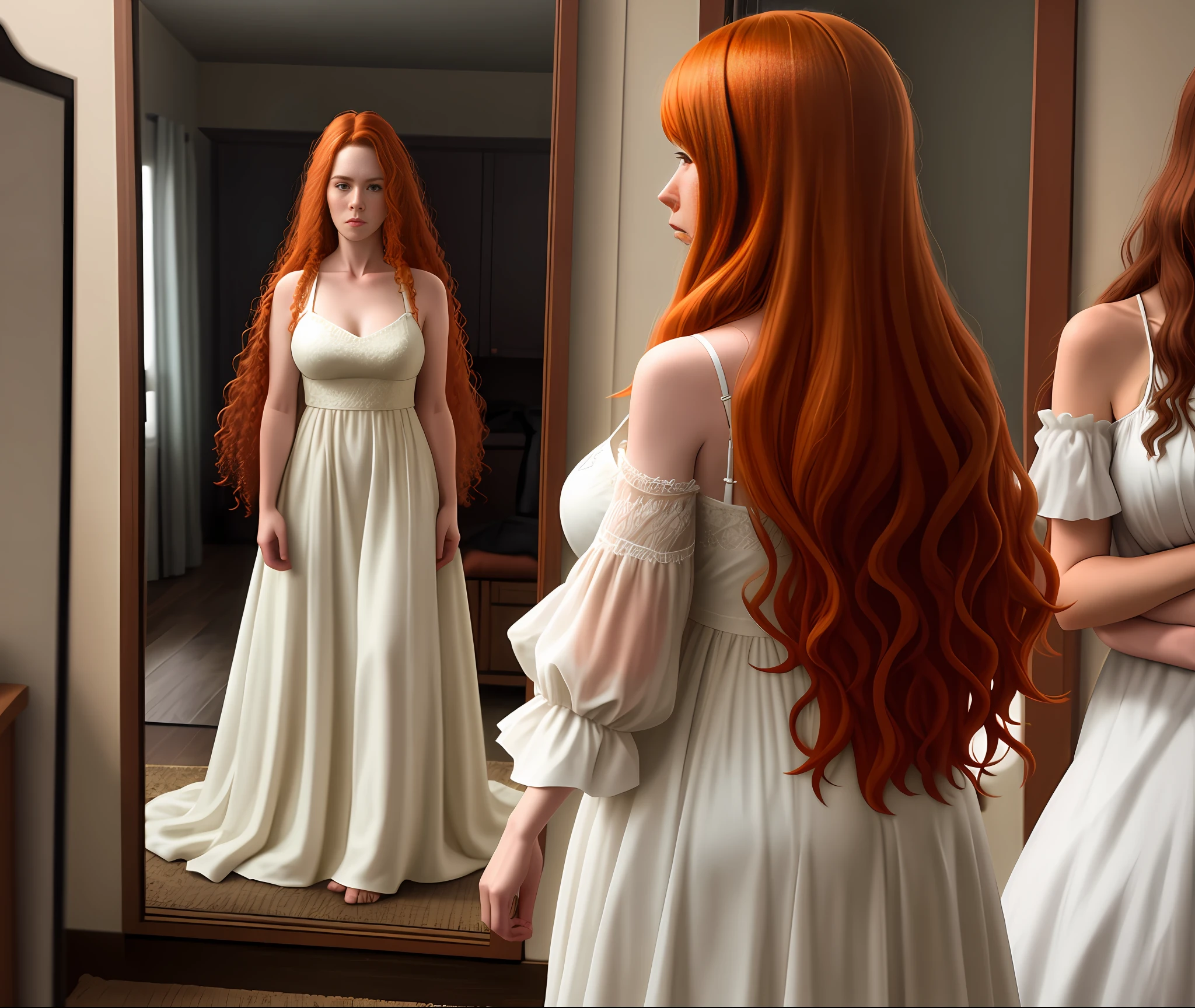 A caucasian Woman, long wavy auburn hair, light freckling, petite, slim build, DD cup breast size, 5'4" in height, 120 lbs in weight, modelling a sheernightgown, photorealistic, looking in a mirror