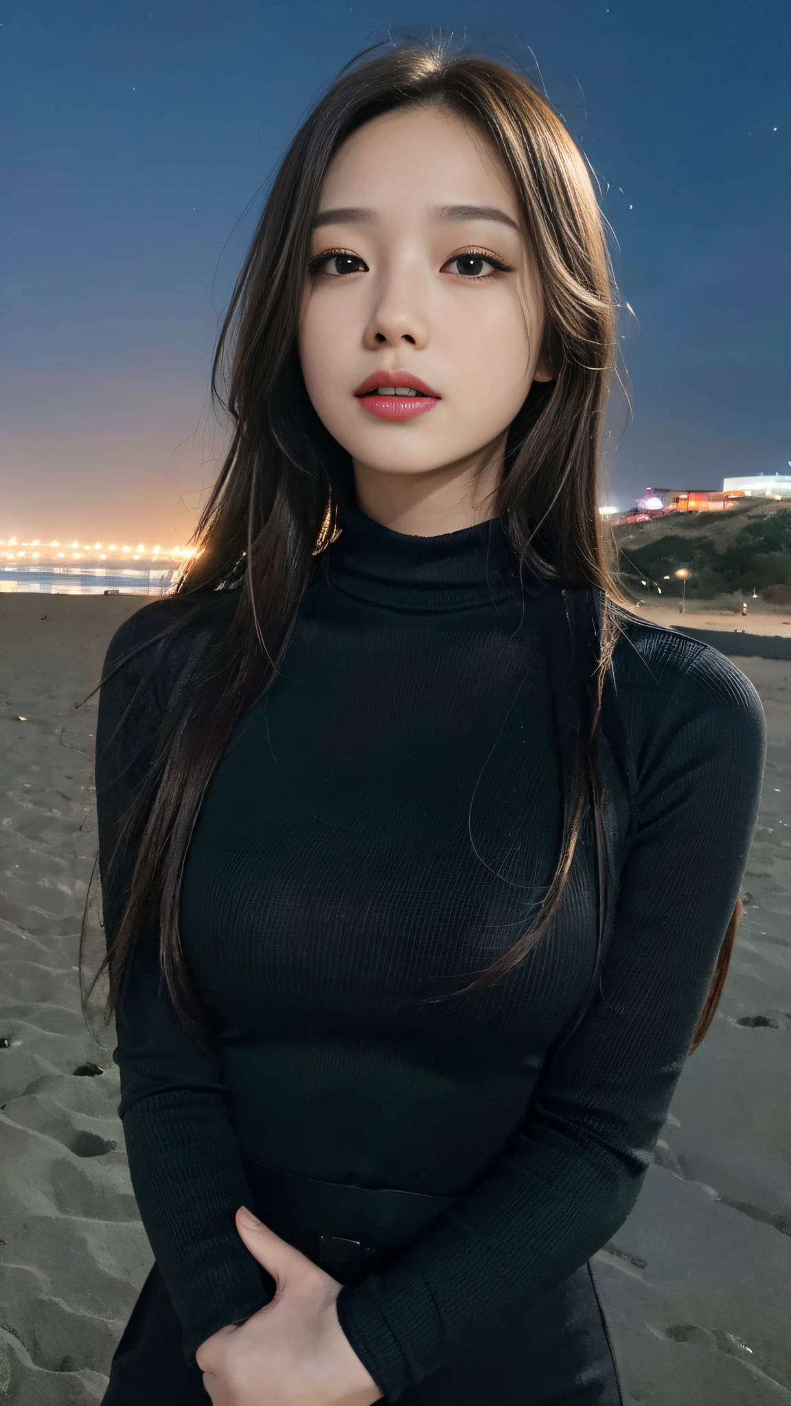 ((Cinematic Lights, Top Quality, 8k, Masterpiece: 1.3)), Slender Abs Beauty 1: 1.4, (Black Long Hair), Turtleneck Dress, Seductive Open Lip, Beach, Ultra Detailed Face, Detailed Eyes, Double Eyelids, Portrait Above the Waist