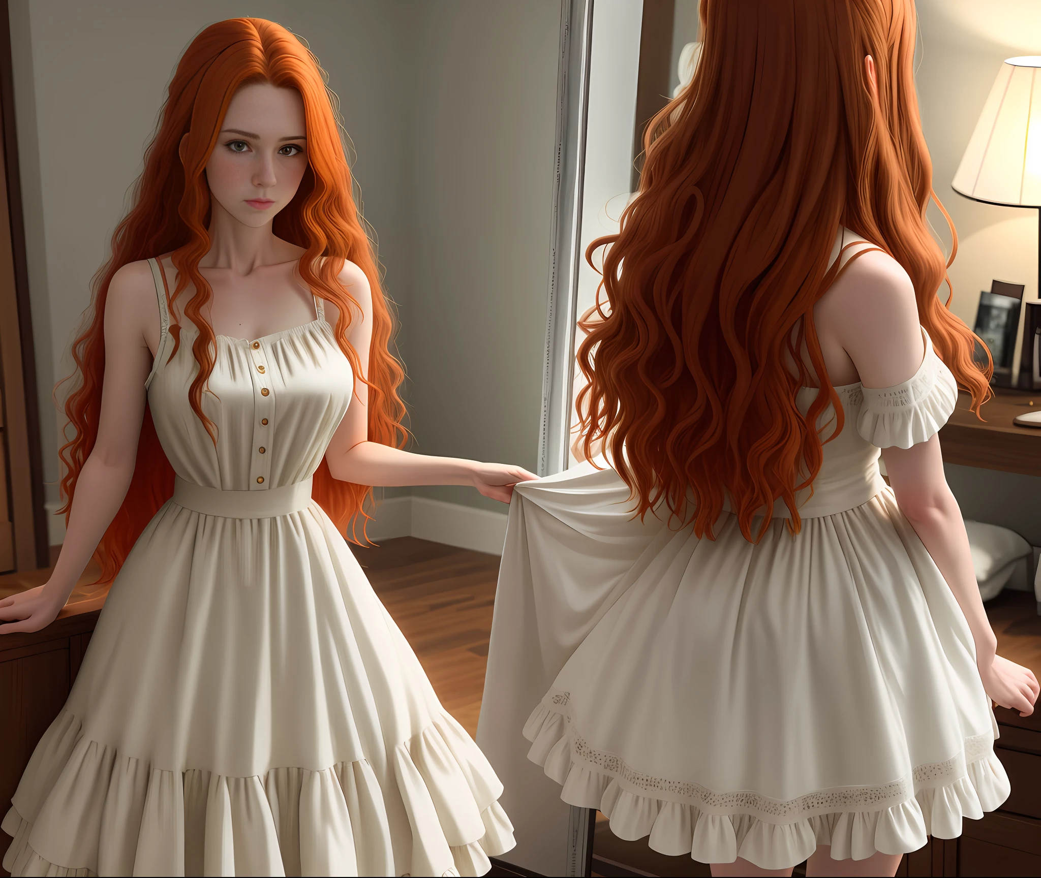 A caucasian Woman, long wavy auburn hair, light freckling, petite, slim build, DD cup breast size, 5'4" in height, 120 lbs in weight, modelling a sheernightgown, photorealistic, looking in a mirror