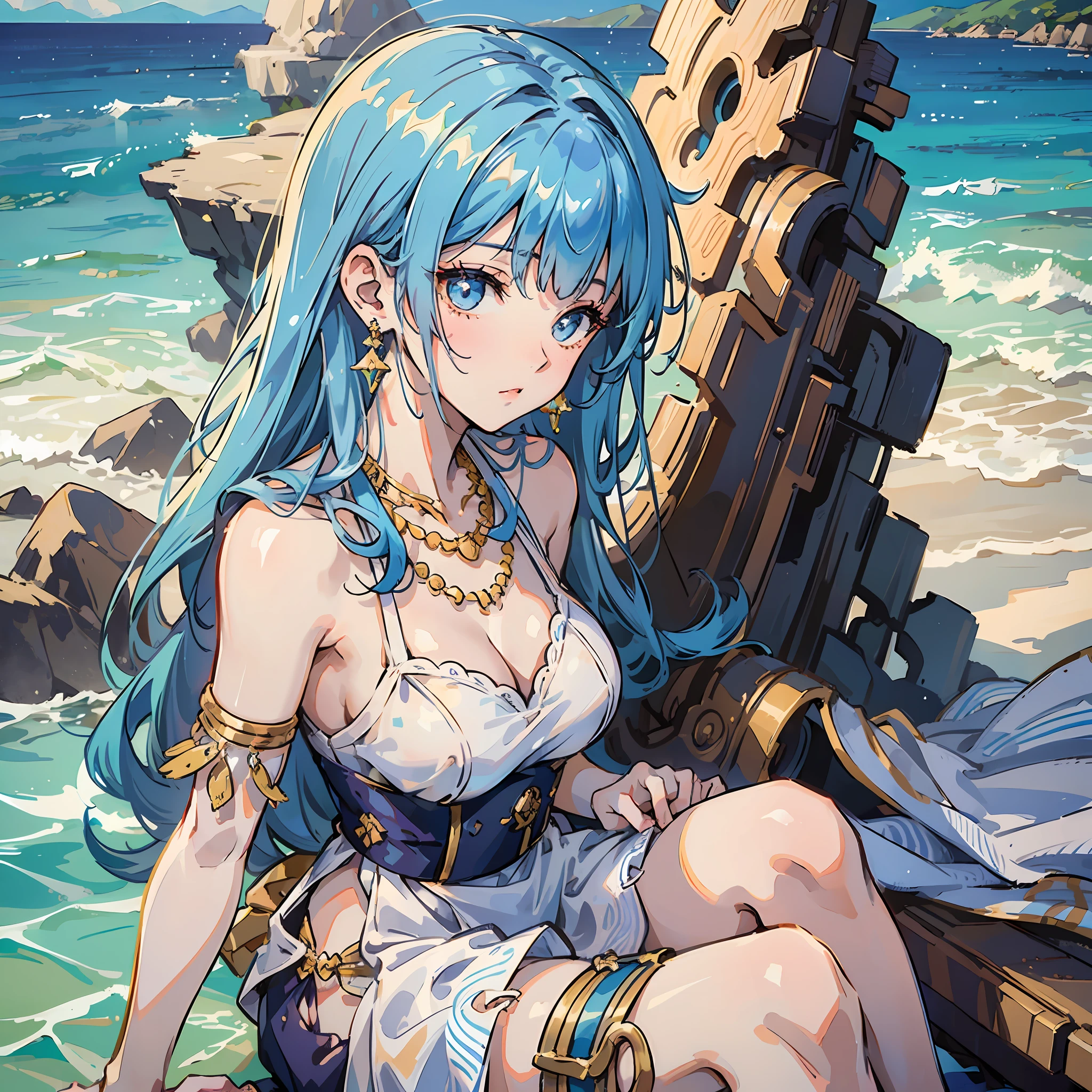 (Woman) young, anime, (full body) wide hips, small breasts, and big ass, (short Greek torn dress) white coloration and gold embroidery at the edges, (straight blue hair with bangs and long), (earrings), (necklaces), (landscape) beach, clear sky with a beautiful sun, (body position) sitting on top of the sand with her beautiful hands leaning against the waters, (beautiful face). --auto --s2