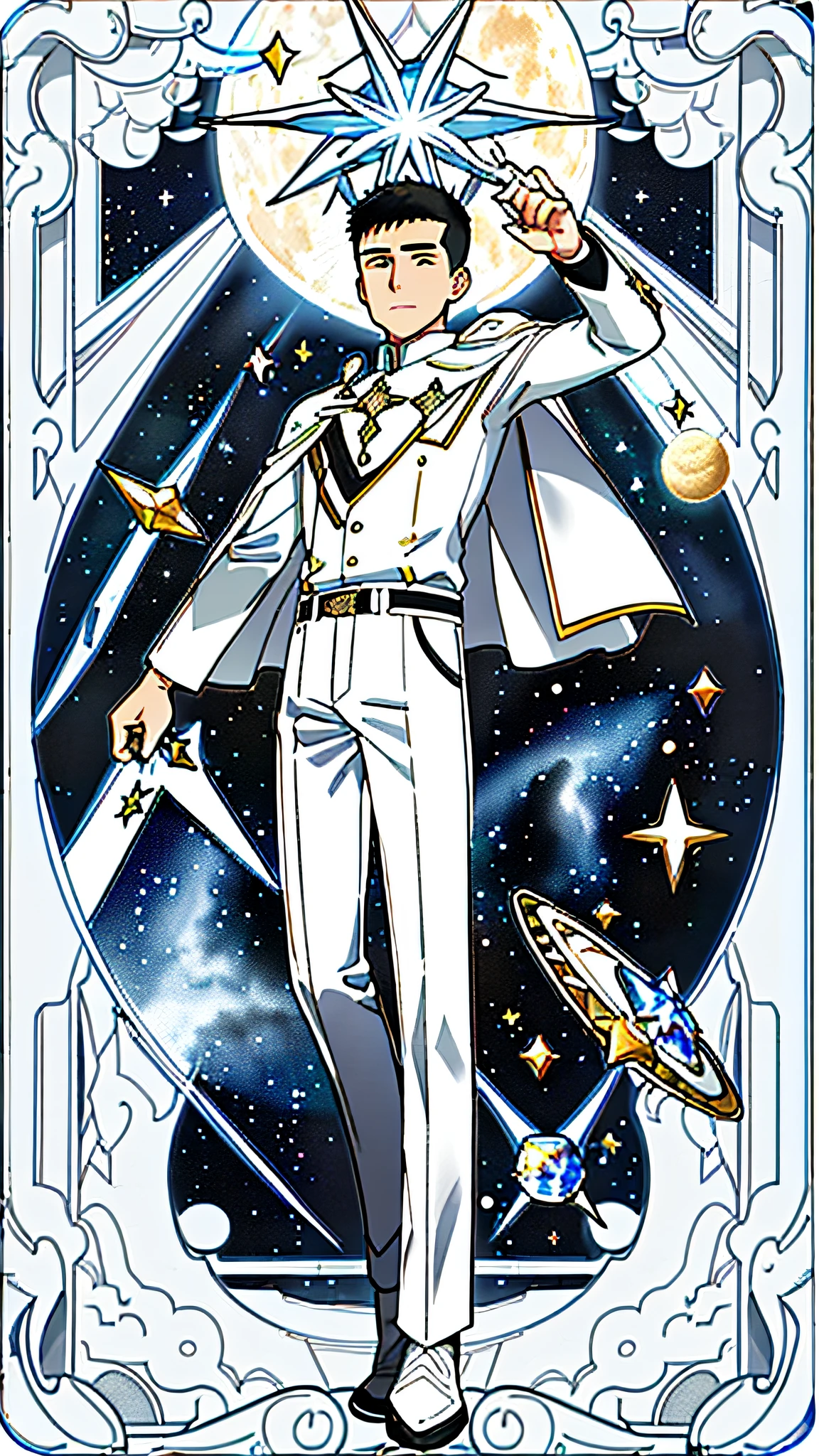 masterpiece, best quality, full body, card, 1 man, eclipse, space, galaxy, short hair, black hair, brush cut, white shirt, standing, white and white, sun, moon, black, white, buzz cut, bara, muscle, god, divine, cape, halo, center, best pose, etherious, crystal, magic, power
