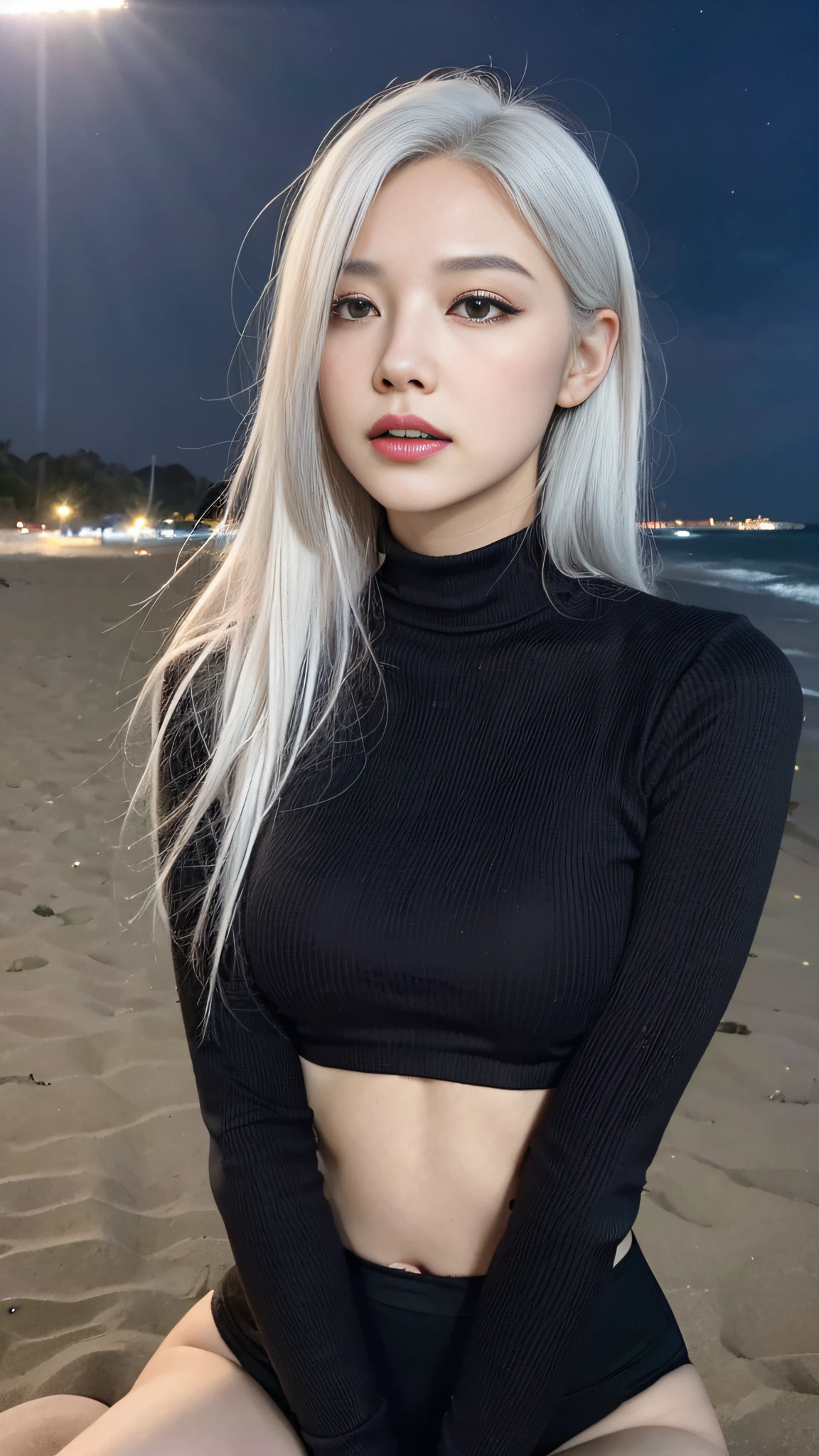 ((Cinematic Lights, Top Quality, 8k, Masterpiece: 1.3)), Slender Abs Beauty 1 Person: 1.4, (Ted White Hair), Black Turtleneck, Small, Seductive Open Lip, Beach: 1.3, Ultra Detailed Face, Detailed Eyes, Double Eyelids, Above Knee Portrait, Camera Gaze: 1.3, Stand