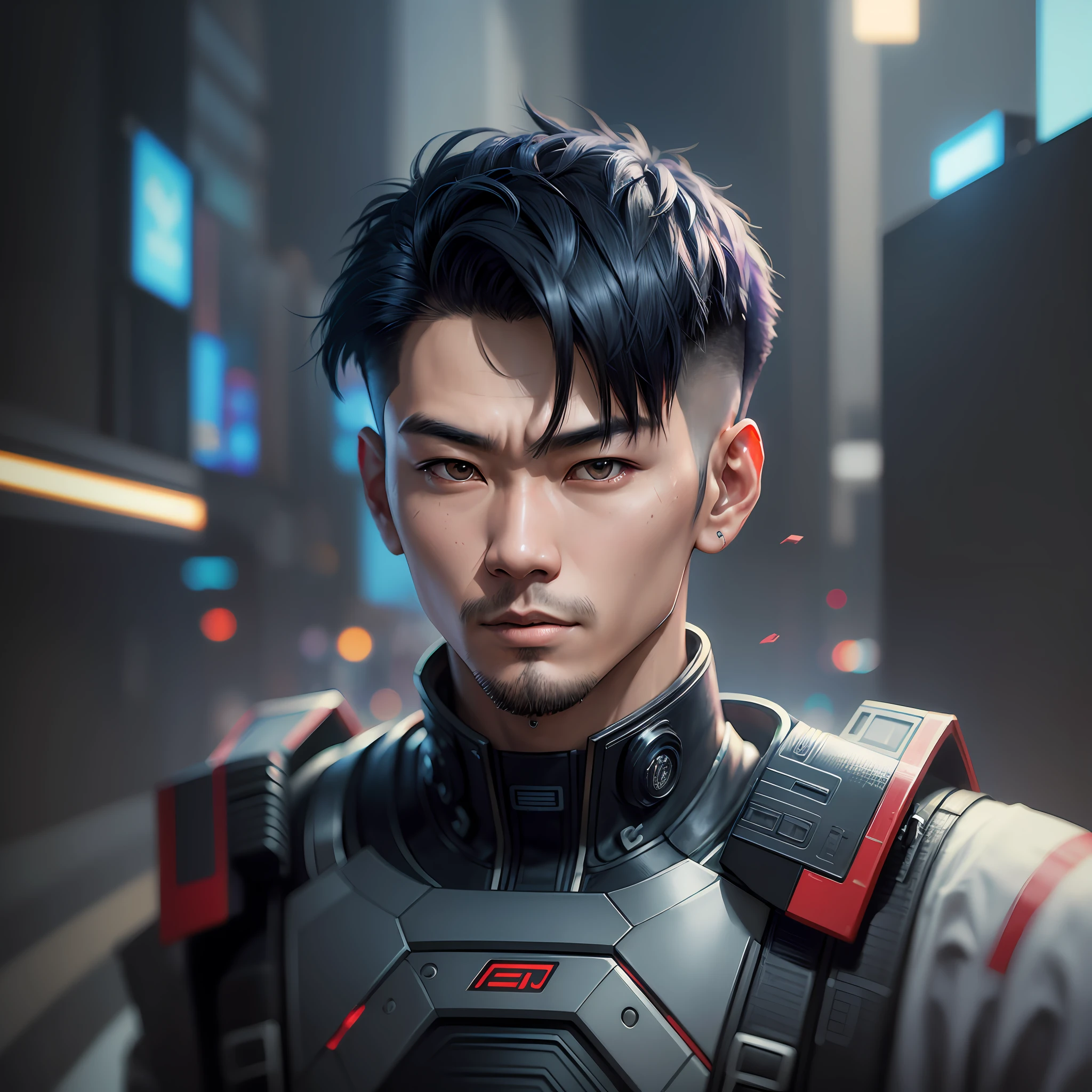 Create an Asian man cyberpunk style, futuristic background, short military cut hair, (best quality), ((1:1 resolution), (face centered in the center of the image), extremely high detail, avatar photo only, (head + shoulders), 8k resolution, highly realistic