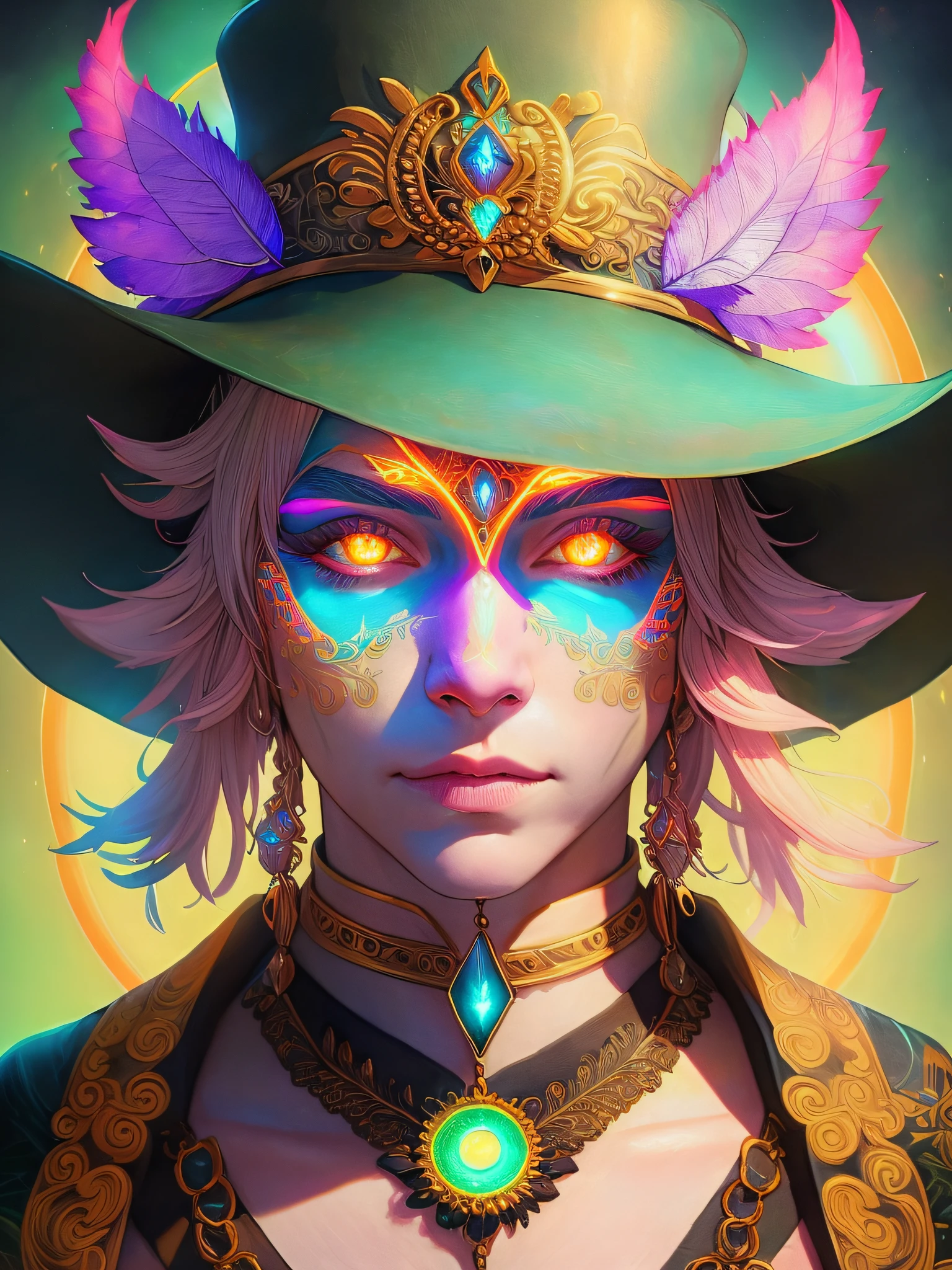 (Best quality),(masterpiece),(ultra detailed),(high detailed),(extremely detailed),Middle-age sage with glowing magical eyes, portrait, fantasy, beautiful, magical, coquettish, tattoin fantasy, pastelpunk, cinematic, sunny colors, award-winning, neon light, surreal, serene