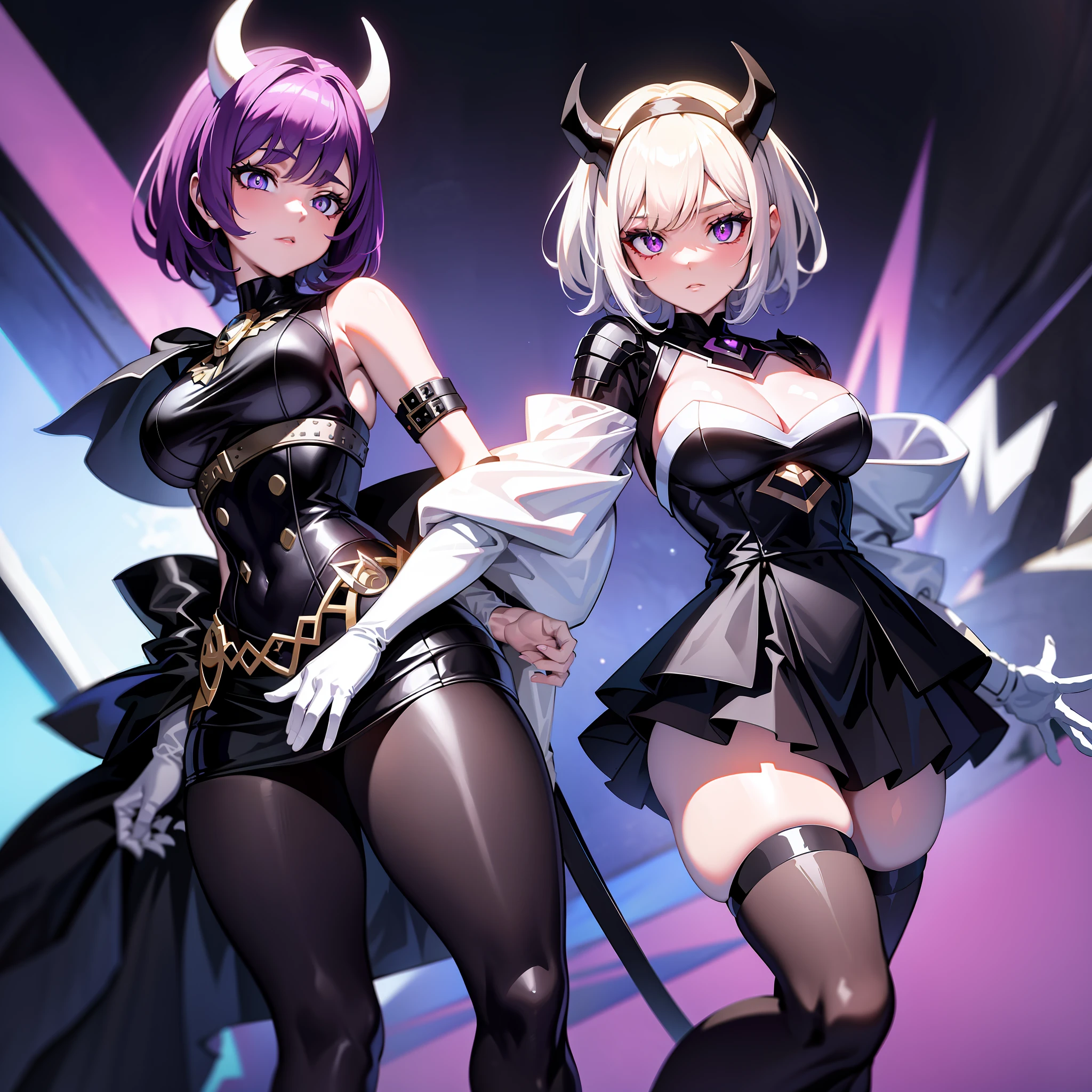 Anime style of the 80s, deminio girl, short hair white seniza, with horns, black armor, black sclerotics, violet pupils
Medium breasts, with skirt, black dungs