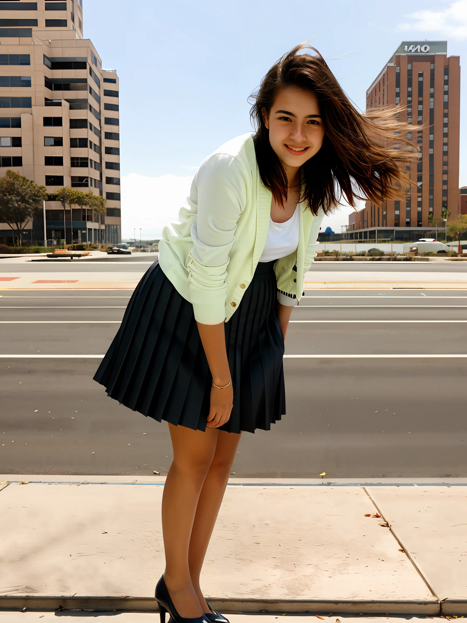 documetary photograph of many tender, compassionate, kind, flirty, shy smile, attractive, pretty, cute, passionate sapphic lesbian women who want to kiss and love, all wearing (long pleated skirts) and short blazers and girly low heeled shoes, (wind blowing, windy:0,1)