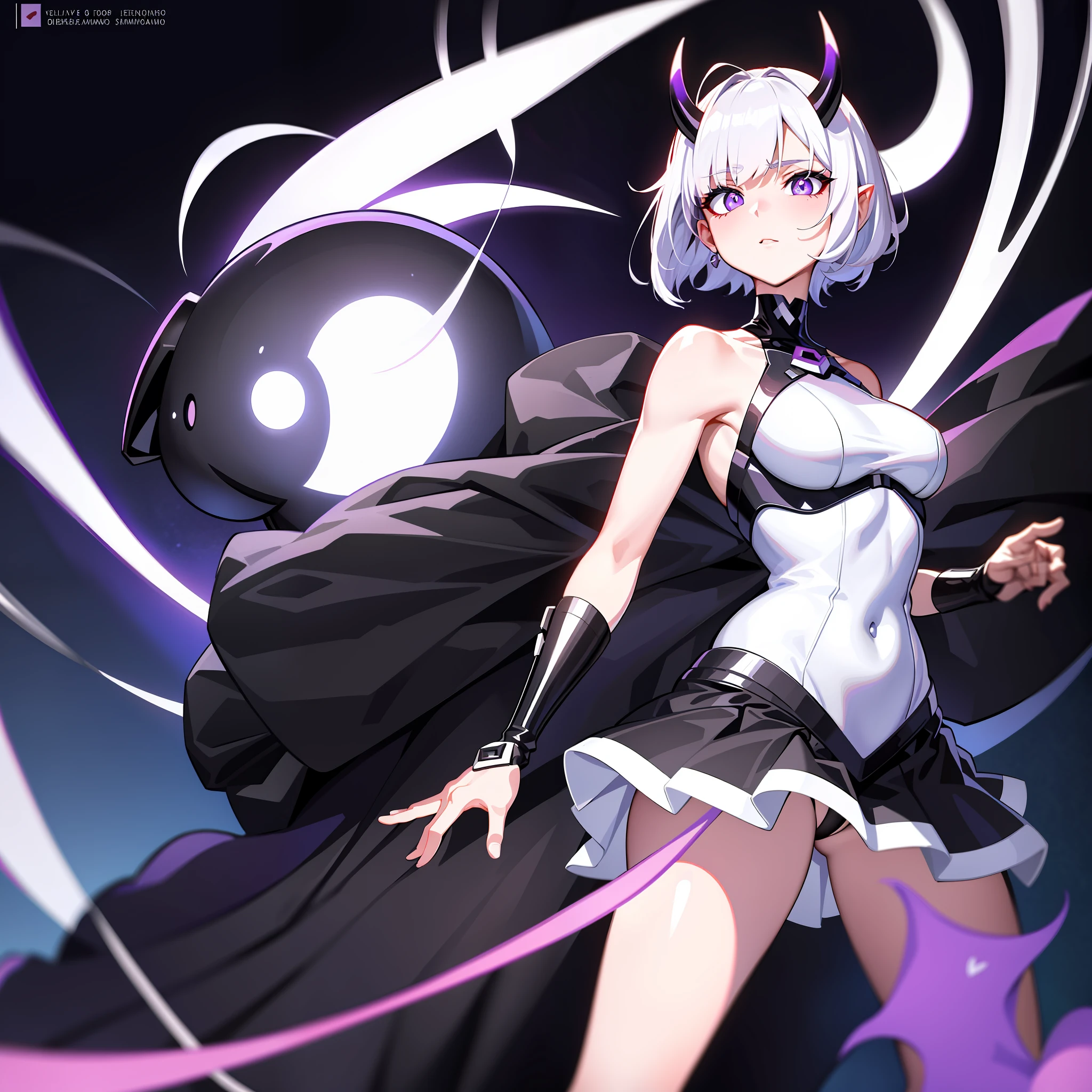 Anime style of the 80s, deminio girl, short hair white seniza, with horns, black armor, black sclerotics, violet pupils
Medium breasts, with skirt, black dungs