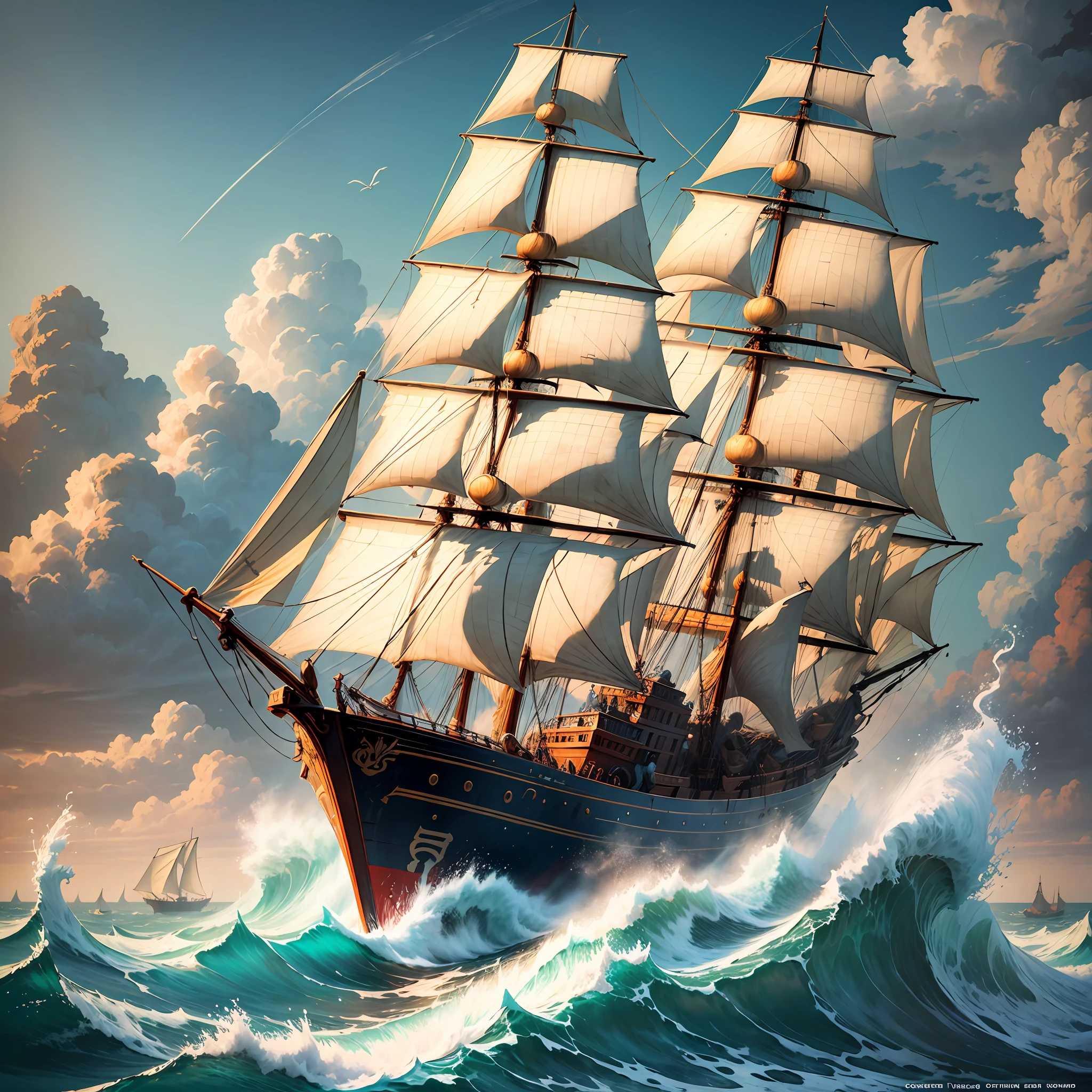 (Sail World), Pirate, Rough Sea,Rising Sun, Surrealism, High Detail, Social Realism, Modern, Film Lighting, Wide Angle, Masterpiece, Super Detail --auto --s2