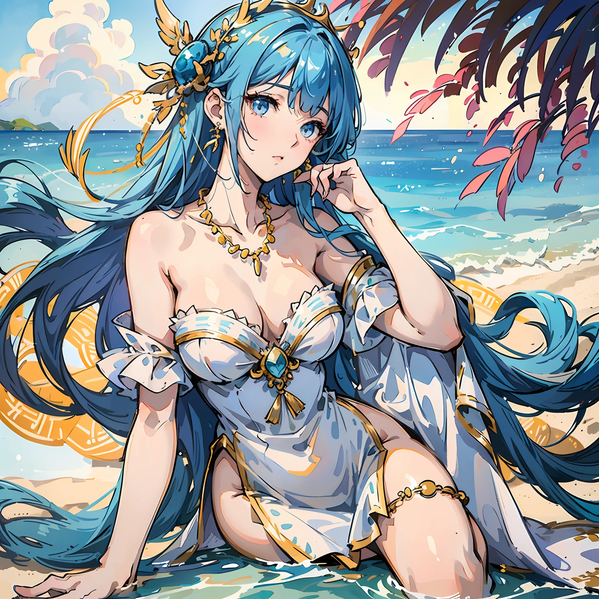 (Woman) young, anime, (full body) wide hips, small breasts, and big ass, (short Greek torn dress) white coloration and gold embroidery at the edges, (straight blue hair with bangs and long), (earrings), (necklaces), (landscape) beach, clear sky with a beautiful sun, (body position) sitting on top of the sand with her beautiful hands leaning against the waters, (beautiful face). --auto --s2