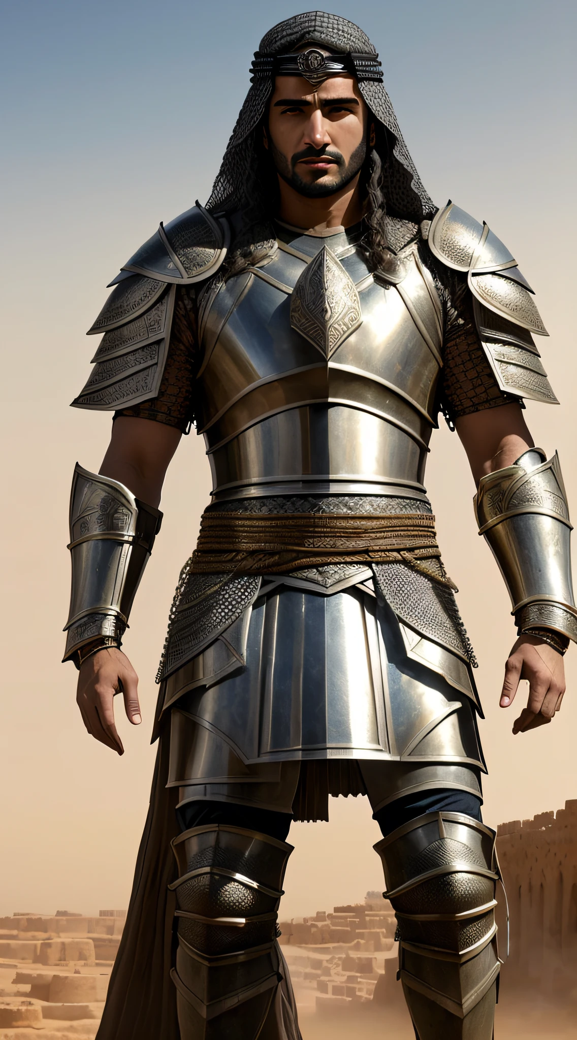 (masterpiece, best quality, CGI, official art:1.2), Khalid ibn al-Walid, battle-hardened, wearing (ancient Arab battle armor:1.3), chain mail, lamellar armor, gripping a (raised saif:1.2), wide battlefield, dust-filled air, twilight, warm colors, intense emotion, dynamic angle capturing his fearless stance, realistic style.