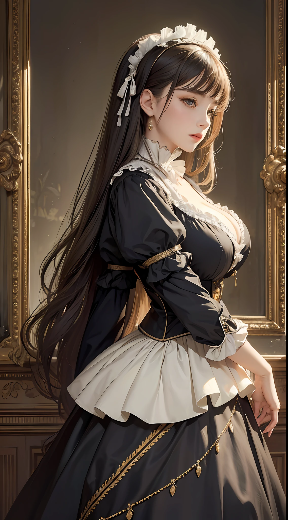 (Pure Color: 0.9), (Color: 1.1), (Masterpiece: 1,2), Best Quality, Masterpiece, High Resolution, Original, Highly Detailed Wallpaper, Beauty, Victorian, Dress, Melancholy, Big Breasts, Sepia Color, 30 years old --auto --s2