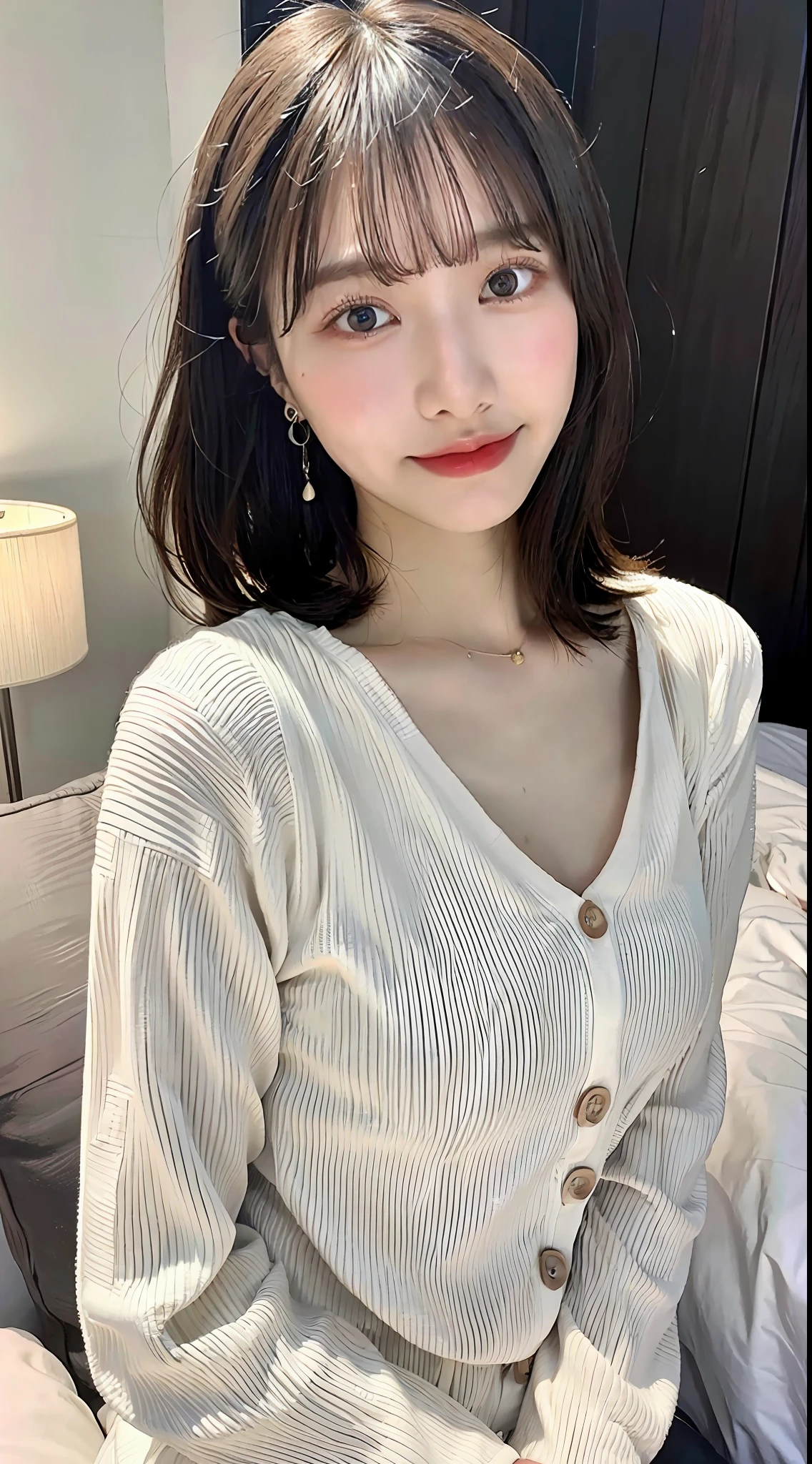 (8k, RAW photos, top quality, masterpiece: 1.2), ultra detailed, super resolution, (real, real photos: 1.37), portraits, high definition RAW color photos, professional photos, very detailed and beautiful, highly detailed, 8k wallpapers, amazing details, huge file size, official art, highly detailed CG Unity 8k wallpapers, highly detailed beautiful girls, highly detailed facesHighly detailed eyes, highly detailed skin, highly detailed fingers, highly detailed nose, highly detailed detailed mouth, perfect anatomy, detailed background, detailed clothes, one girl, (20:1.2), 20s, cute girl, realistic body, petite, white skin, radiant skin, slim body, handsome body, black hair, short hair, (dull bangs: 1.2), smile, cute, youthful, pretty face, Realistic face, delicate eyes, sagging eyes, cute loungewear, see-through, earrings, camera gaze, cowboy shot, front facing, lying together on a standing bed, contrapposto, dynamic lighting, medium breasts, cowboy shot