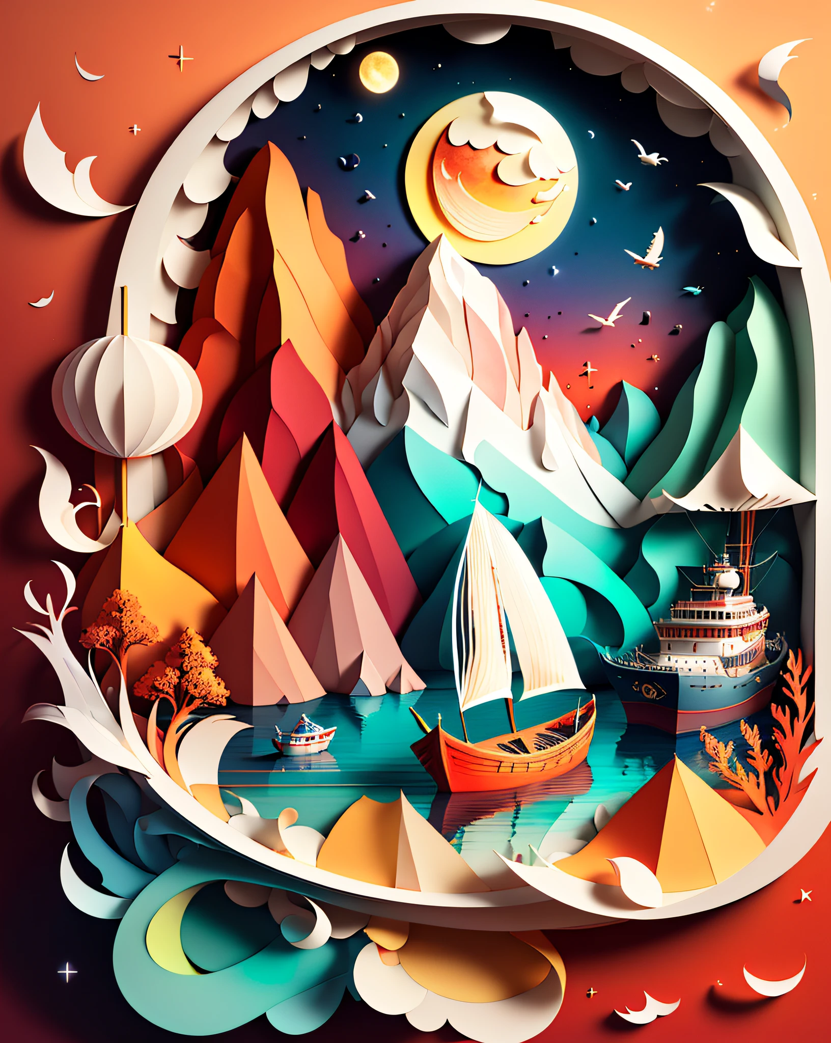 Softlight,(warm color:1.2),Water color painting,light background,best quality exquisite details,3d rendering,Octane render,pastel, Moon, boat, sea, storm,(paper_cut:1.15),