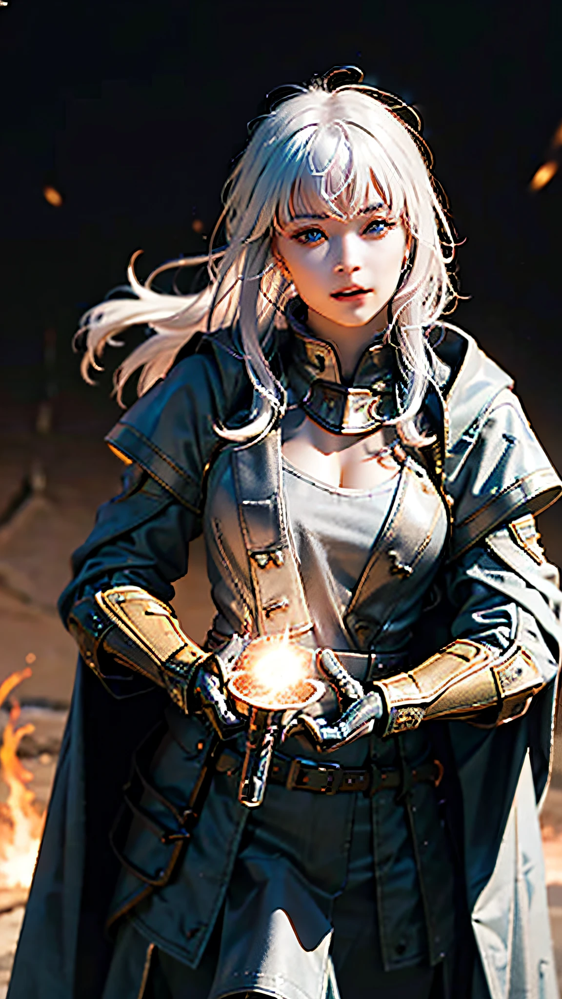 Official Art, Unity 8k Wallpaper, Ultra Detail, Masterpiece, Best Quality, One Woman, (Very Detail), Dynamic Angle, Mystical Expression, Fire Glowing Effect, Fantasy Background, Rim Lighting, Side Light, Cinematic Light, Ultra High Definition, 8k UHD, Film Grain,Best Shadow, Delicate, RAW, Light Particles, Detailed Skin Texture, Detailed Gem Armor Texture, Detailed Face, Complex detail, super detailed, bright, strong, red armor, cleavage, (big breasts: 6.8), has a glowing weapon, has a shield, pole dron, ((white hair)), long hair, shiny brown eyes, long red cloak, fantasy, (realistic),
