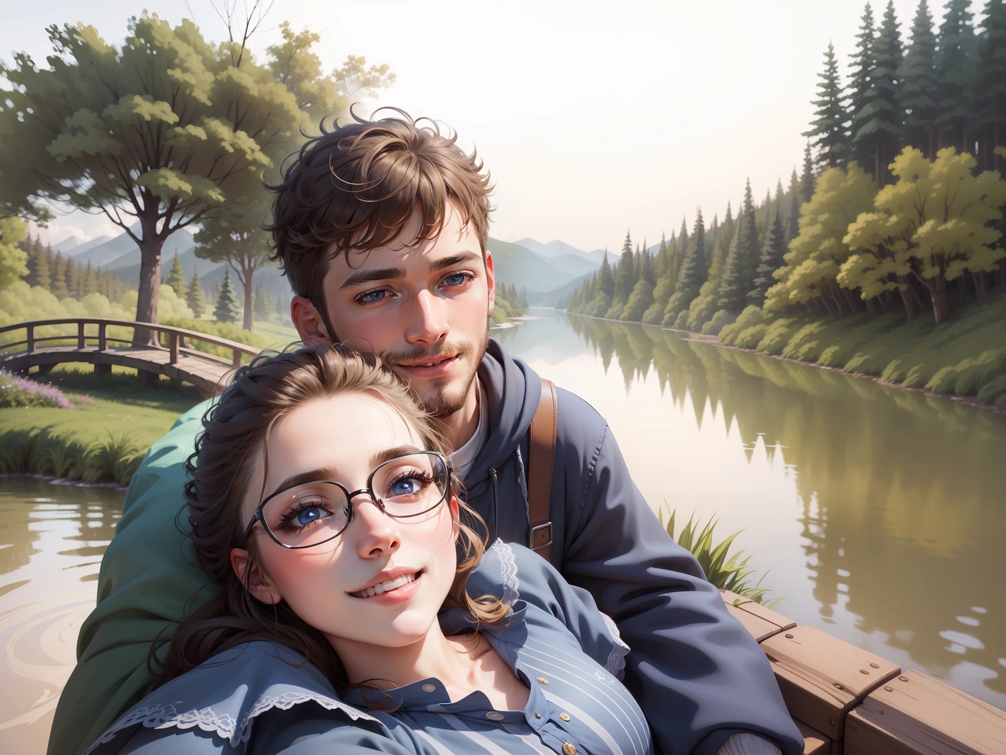 (a drawing illustration of a happy couple in a magical, high definition, ultra-detailed setting), perfect lighting effects and amazing, floating shadows, lots of detail in the furniture and scenery, starry night sky, enchanted forest filled with colorful trees and layers of smoke, lots of friendly animals, a bright lake and lots of flowers around it. , beautiful eyes looking at each other, passion --auto --s2