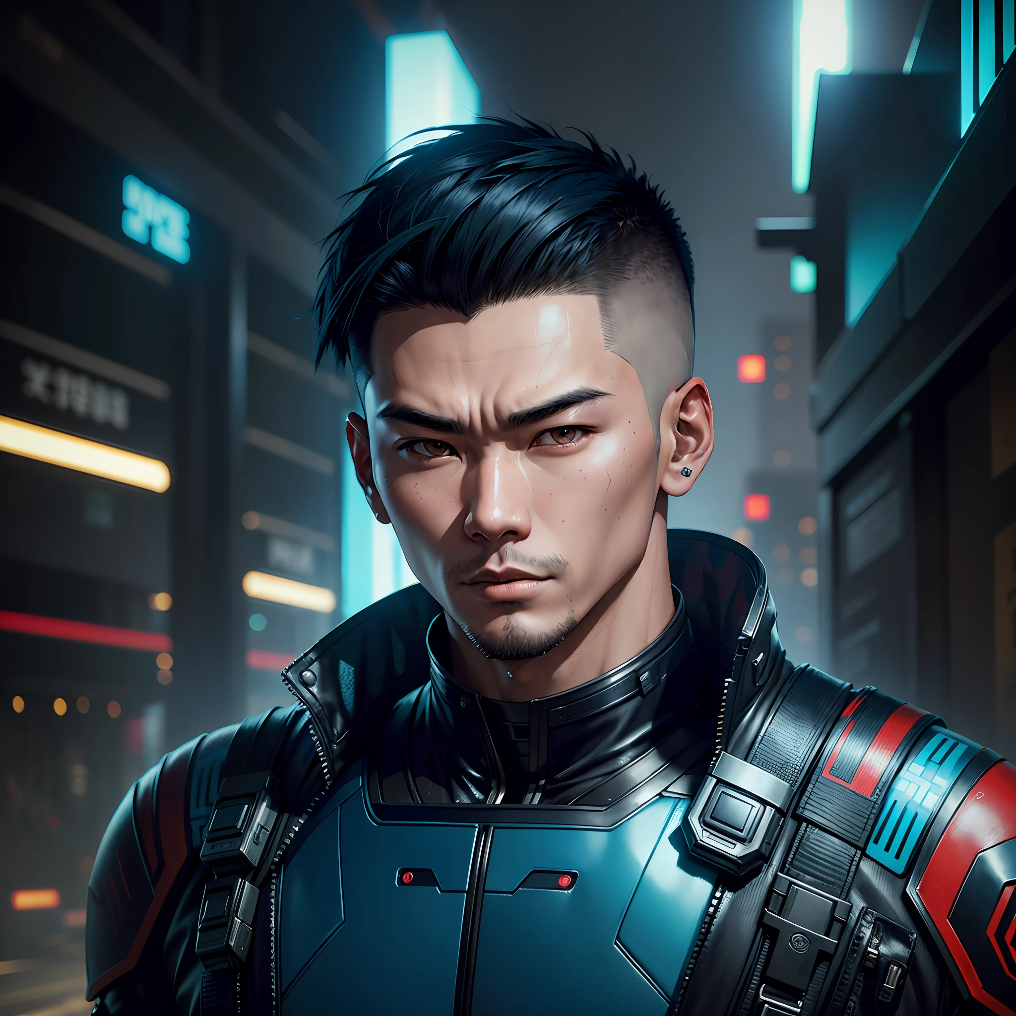 Create an Asian man cyberpunk style, futuristic background, short military cut hair, (best quality), ((1:1 resolution), (face centered in the center of the image), extremely high detail, avatar photo only, (head + shoulders), 8k resolution, highly realistic