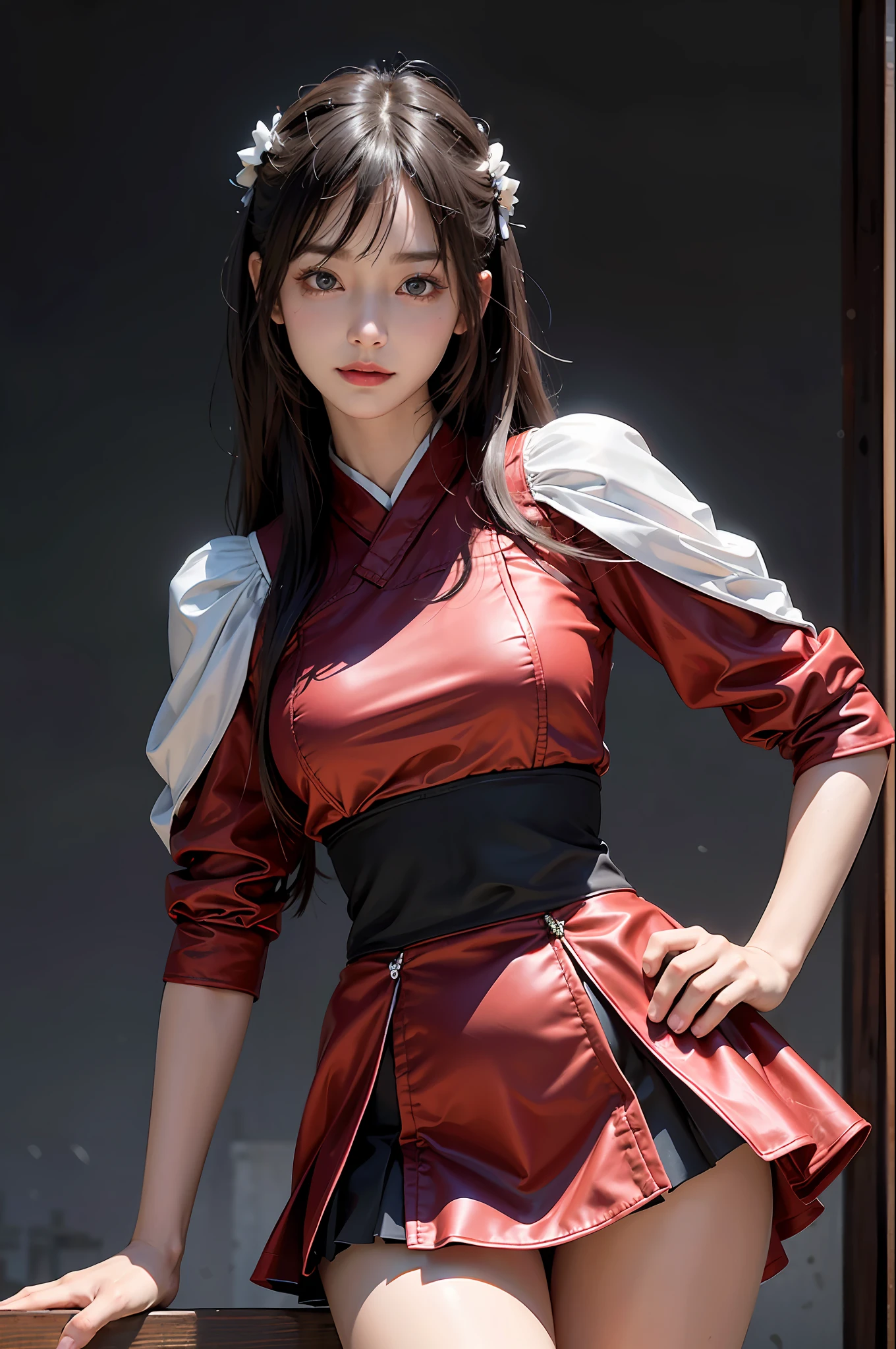 Masterpiece, 1 Beautiful Girl, Detailed, Swollen Eyes, Top Quality, Ultra High Resolution, (Reality: 1.4), Original Photo, 1Girl, Cinematic Lighting, Smiling, Japanese, Asian Beauty, Korean, Clean, Super Beautiful, Little Young Face, Beautiful Skin, Slender, Cyberpunk Background, (ultra realistic), (high resolution), (8K), (very detailed), (best illustration), (beautifully detailed eyes), (super detailed), (wallpaper), (detailed face), viewer looking, fine detail, detailed face, pureerosfaceace_v1, smiling, 46 point slanted bangs, looking straight ahead, neat clean clothes, black colored eyes, red armor, traditional Japanese red armor, short skirt, hair color vivid red, body facing front, nice thighs,