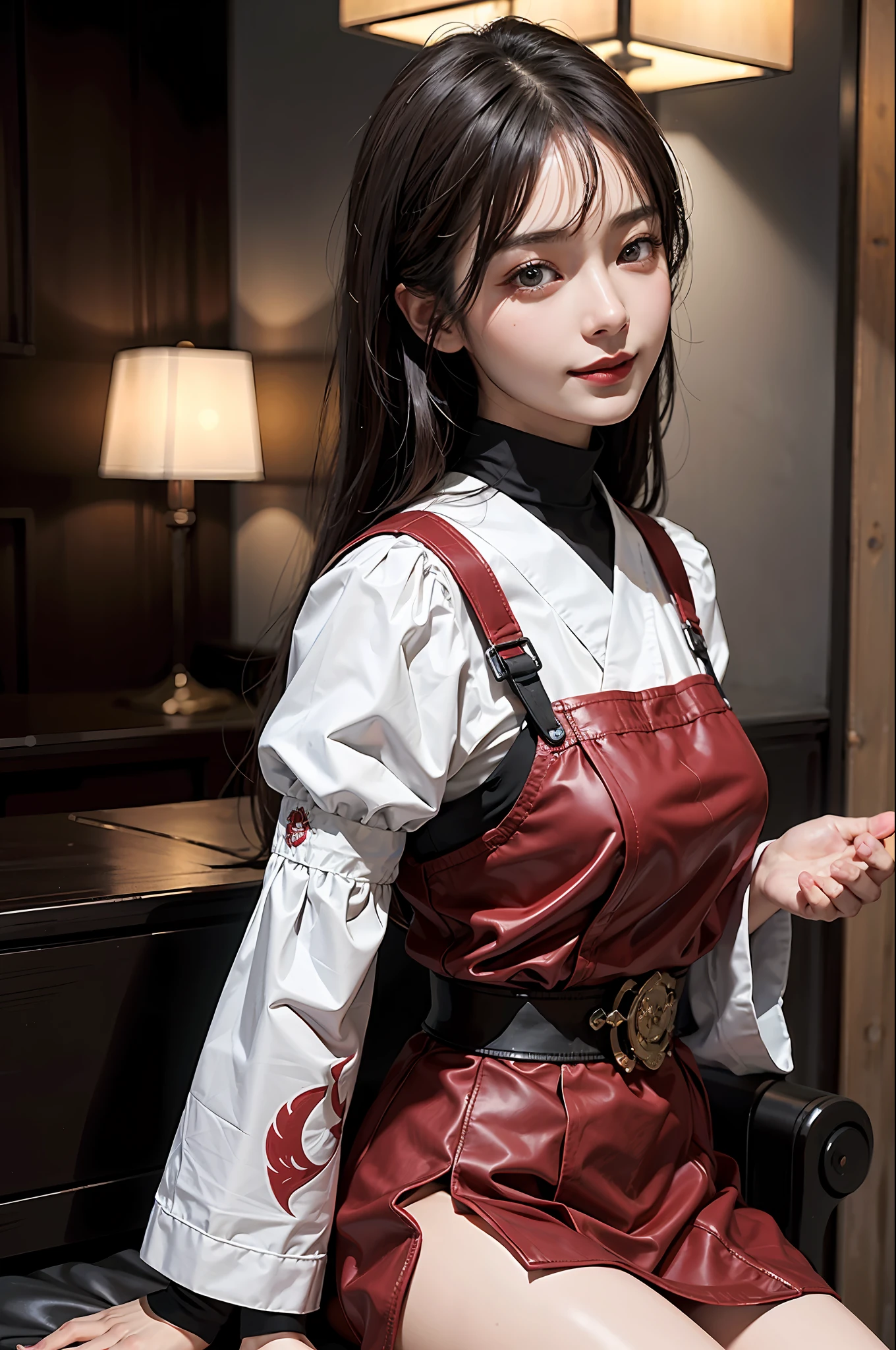 Masterpiece, 1 Beautiful Girl, Detailed, Swollen Eyes, Top Quality, Ultra High Resolution, (Reality: 1.4), Original Photo, 1Girl, Cinematic Lighting, Smiling, Japanese, Asian Beauty, Korean, Clean, Super Beautiful, Little Young Face, Beautiful Skin, Slender, Cyberpunk Background, (ultra realistic), (high resolution), (8K), (very detailed), (best illustration), (beautifully detailed eyes), (super detailed), (wallpaper), (detailed face), viewer looking, fine detail, detailed face, pureerosfaceace_v1, smiling, 46 point slanted bangs, looking straight ahead, neat clean clothes, black colored eyes, red armor, traditional Japanese red armor, short skirt, hair color vivid red, body facing front, nice thighs,