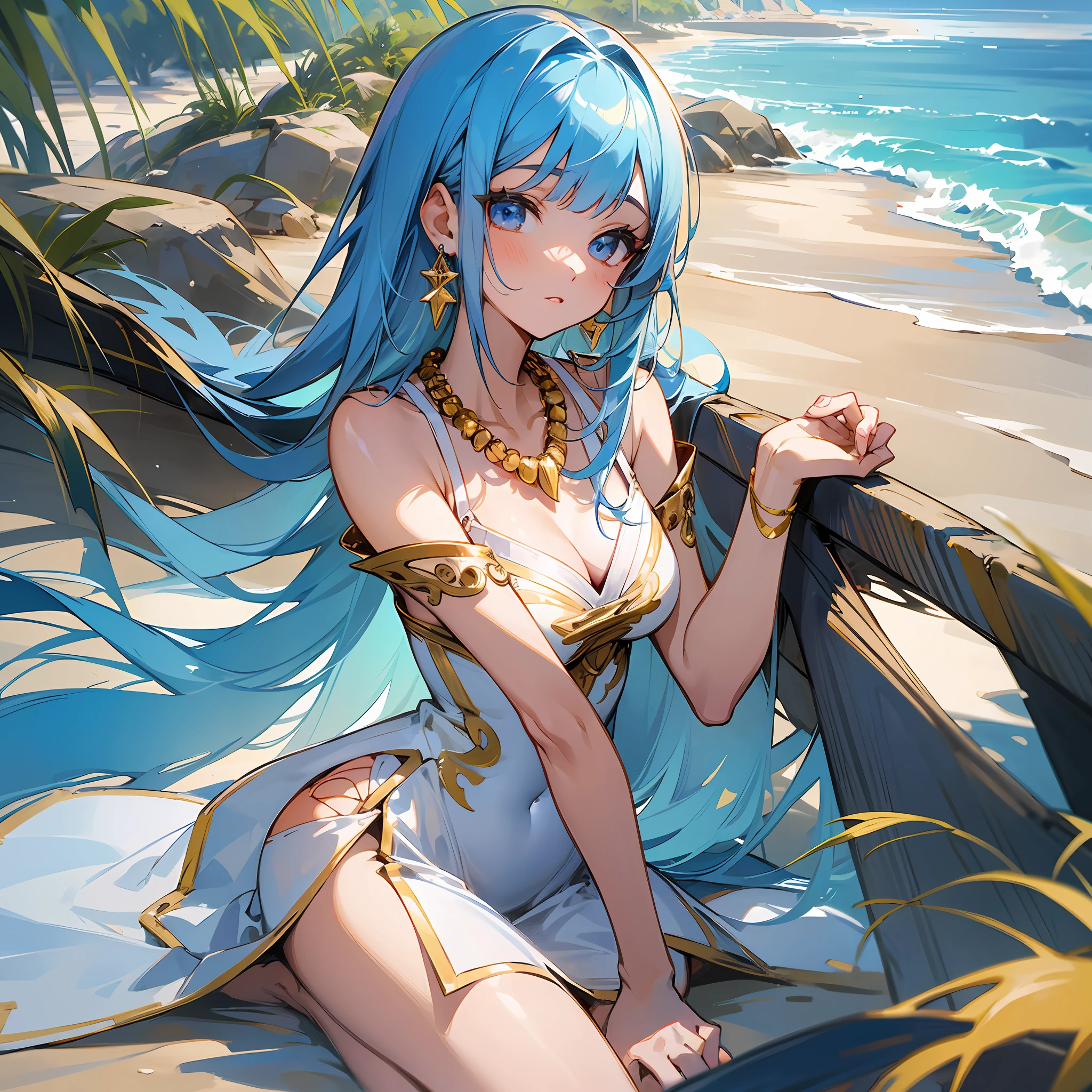 (Woman) young, anime, (full body) wide hips, small breasts, and big ass, (short Greek torn dress) white coloration and gold embroidery at the edges, (straight blue hair with bangs and long), (earrings), (necklaces), (landscape) beach, clear sky with a beautiful sun, (body position) sitting on top of the sand with her beautiful hands leaning against the waters, (beautiful face). --auto --s2