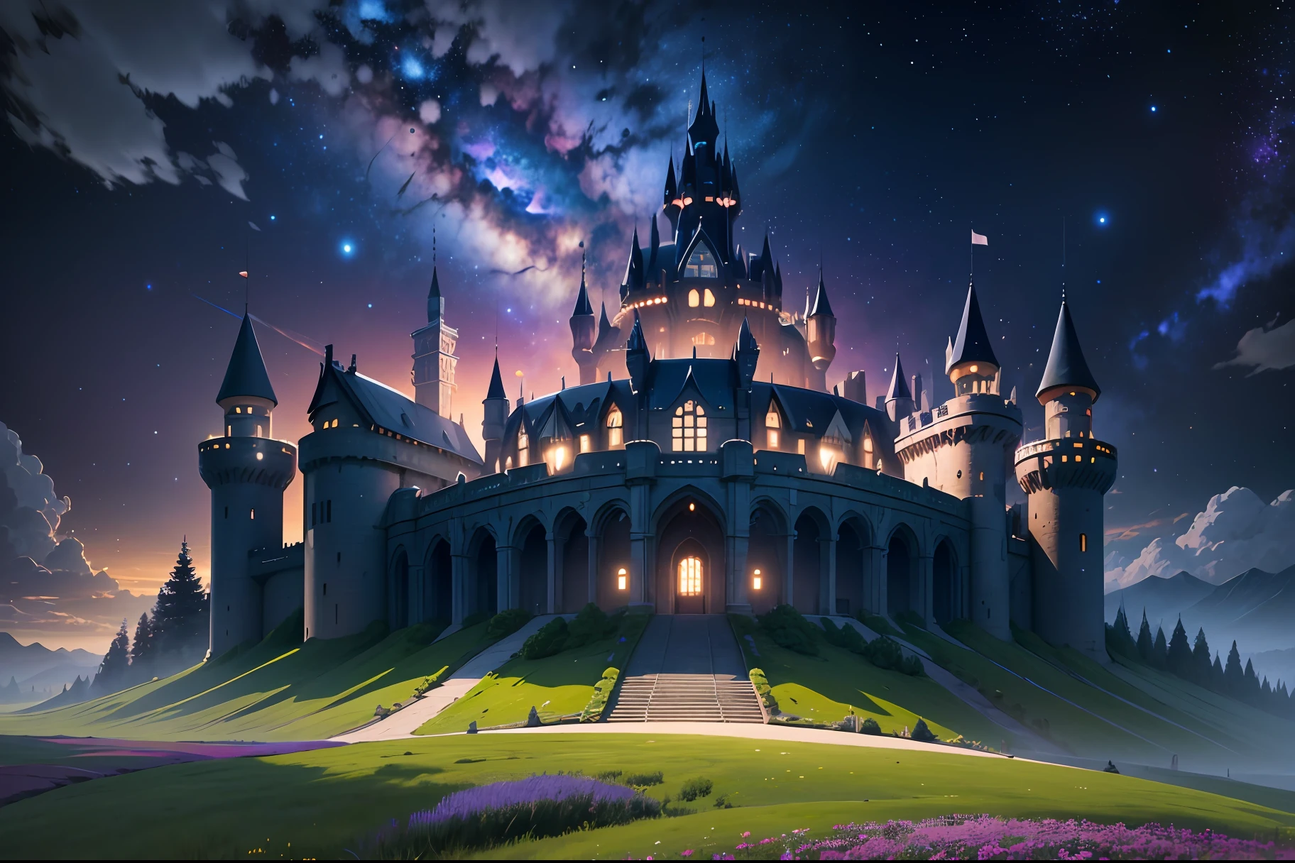 8k wallpaper, best quality,masterpiece, ultra high res, raw photo, ultra detailed, beautiful and aesthetic, deep shadow, astonishing level of detail, masterpiece,best quality,meadow,night,starry sky,Horizon composition,universe,Hal's Mobile Castle,Huge Sky Castle,Huge,(Huge:1.7) --auto --s2