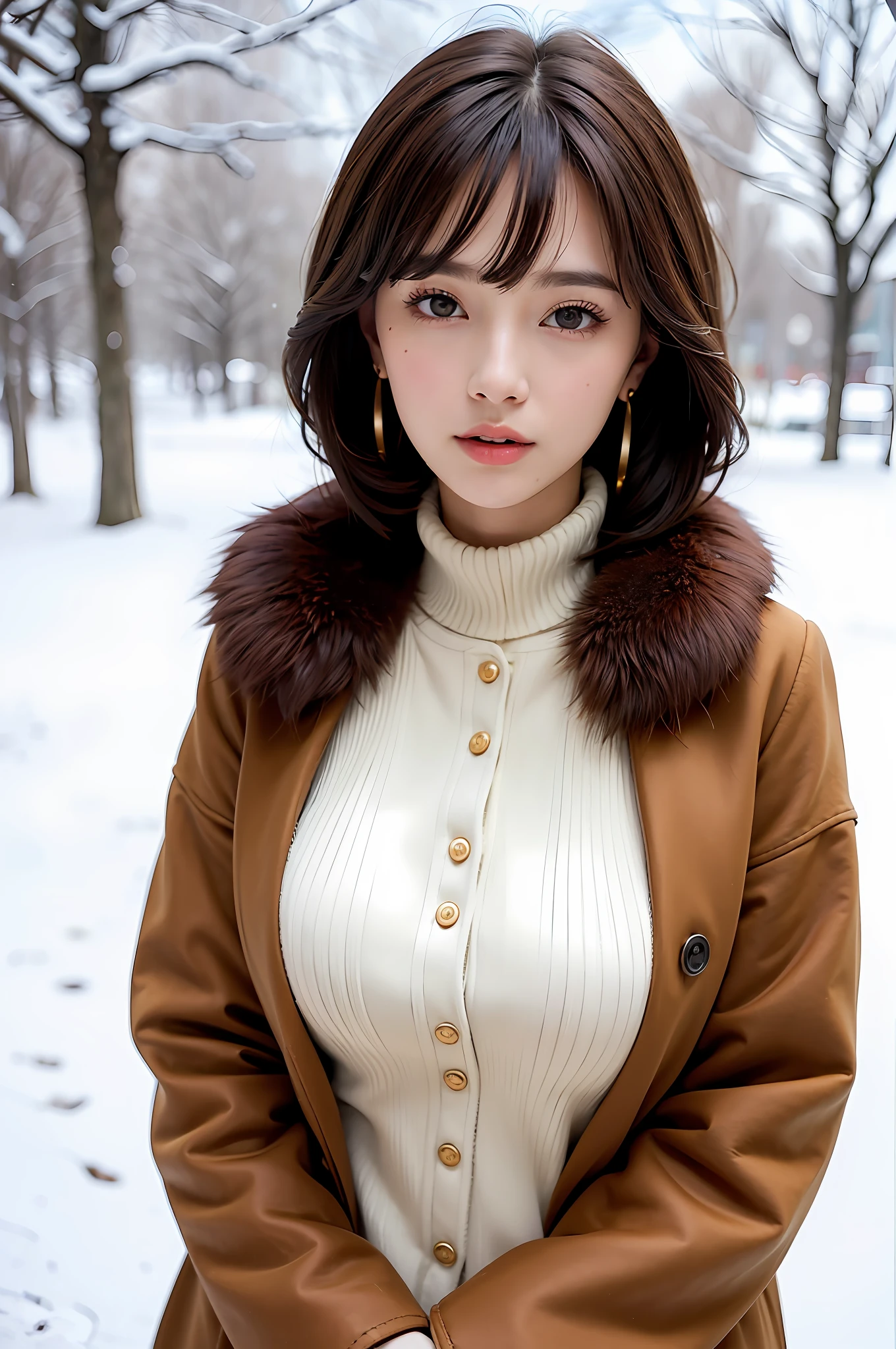 1 girl, bare_tree, brown_eyes, brown_hair, building, coat, cross_earrings, earrings, fur, fur trimmed_coat, fur_collar, fur_scarf, fur_trim, jewelry, lips, shorthair, looking_at_viewer, outdoors, snow, snow, solo, tree, upper_body, Winter, winter_clothes, detailed_eyes,Big breasts, chest close with arms, face facing camera, big, ears out, golden ratio face, golden ratio body, top quality, ultra high definition, bangs, thick bangs