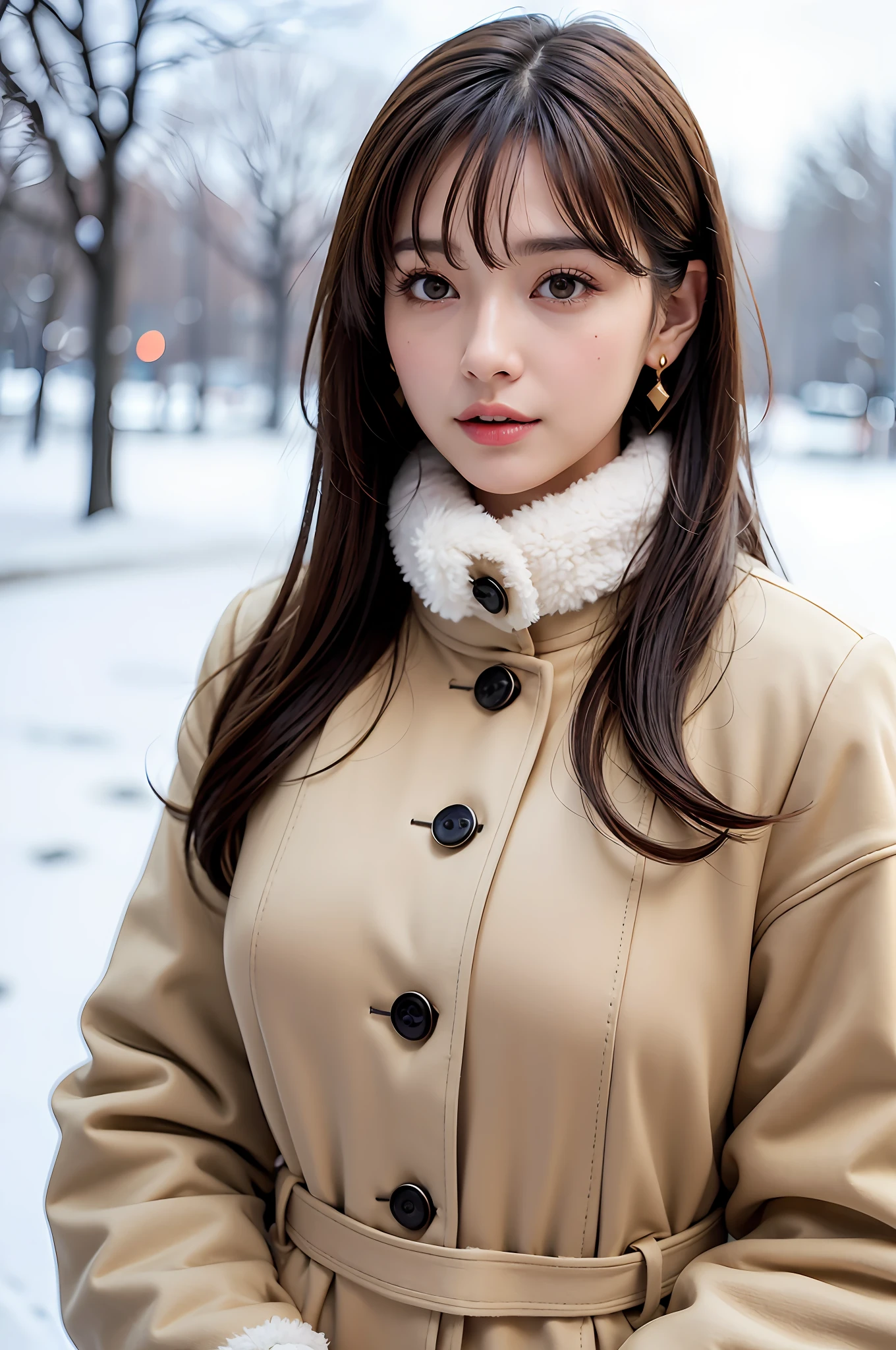 1 girl, bare_tree, brown_eyes, brown_hair, building, coat, cross_earrings, earrings, fur, fur trimmed_coat, fur_collar, fur_scarf, fur_trim, jewelry, lips, shorthair, looking_at_viewer, outdoors, snow, snow, solo, tree, upper_body, Winter, winter_clothes, detailed_eyes,Big breasts, chest close with arms, face facing camera, big, ears out, golden ratio face, golden ratio body, top quality, ultra high definition, bangs, thick bangs