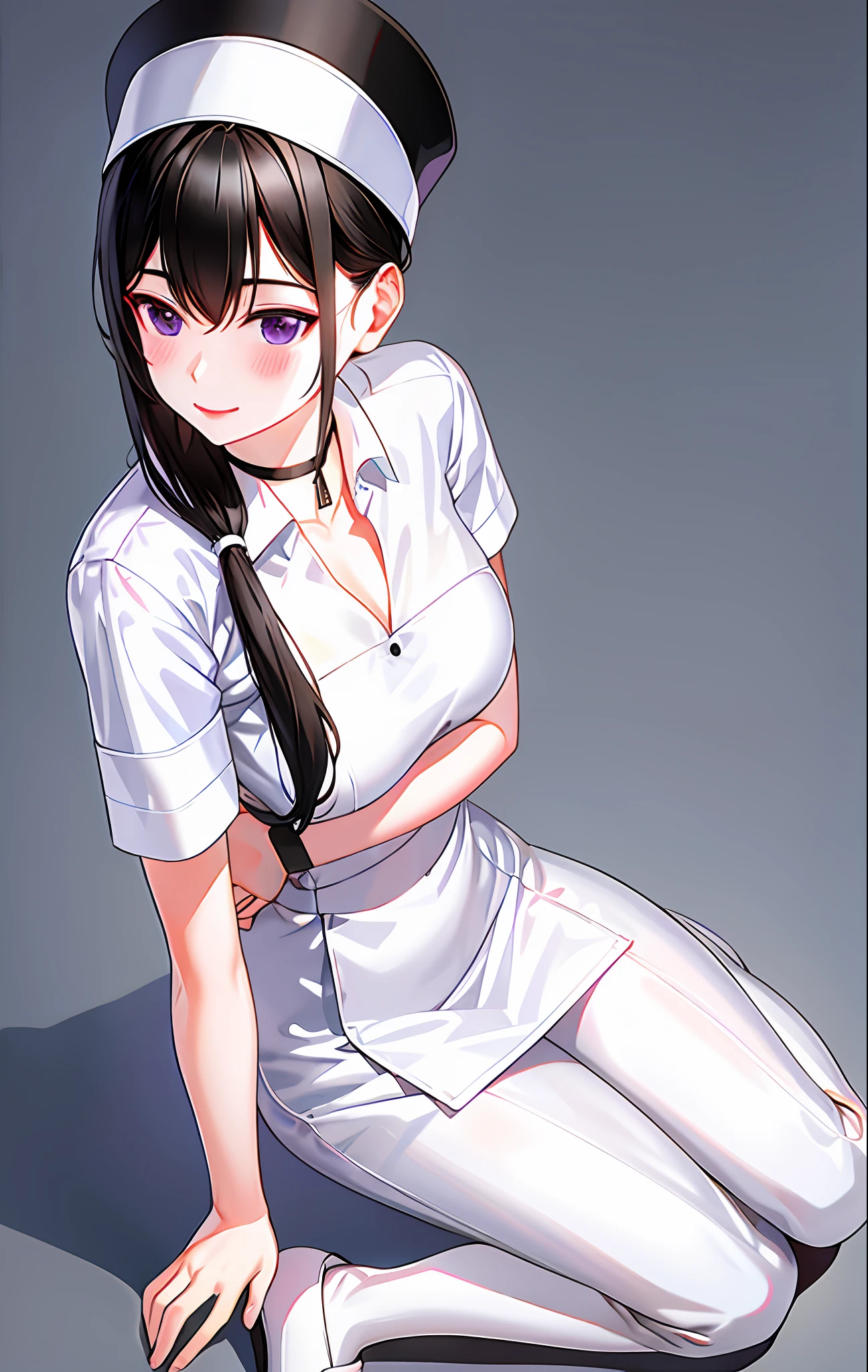 1girl, arm_support, bangs, black_choker, black_hair, black_legwear, blush, breasts, choker, collarbone, dress, gradient, gradient_background, grey_background, hand_on_own_chest, hat, long_hair, looking_at_viewer, nurse, nurse_cap, pantyhose, purple_eyes, short_sleeves, sidelocks, sitting, smile, solo, white_dress, white_footwear, white_headwear, yokozuwari