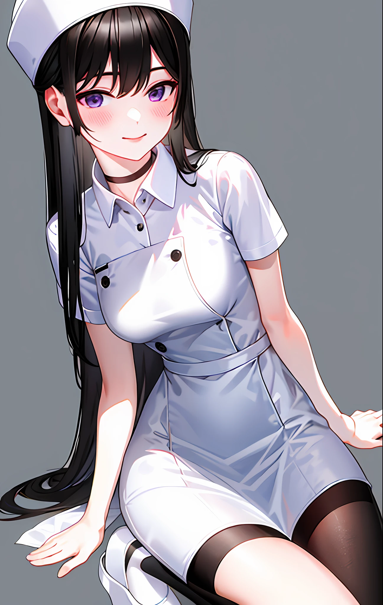 1girl, arm_support, bangs, black_choker, black_hair, black_legwear, blush, breasts, choker, collarbone, dress, gradient, gradient_background, grey_background, hand_on_own_chest, hat, long_hair, looking_at_viewer, nurse, nurse_cap, pantyhose, purple_eyes, short_sleeves, sidelocks, sitting, smile, solo, white_dress, white_footwear, white_headwear, yokozuwari