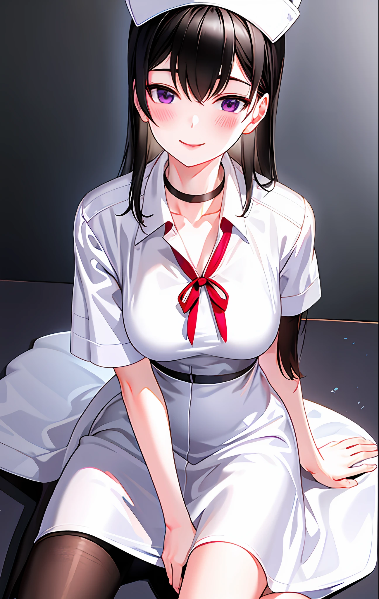 1girl, arm_support, bangs, black_choker, black_hair, black_legwear, blush, breasts, choker, collarbone, dress, gradient, gradient_background, grey_background, hand_on_own_chest, hat, long_hair, looking_at_viewer, nurse, nurse_cap, pantyhose, purple_eyes, short_sleeves, sidelocks, sitting, smile, solo, white_dress, white_footwear, white_headwear, yokozuwari