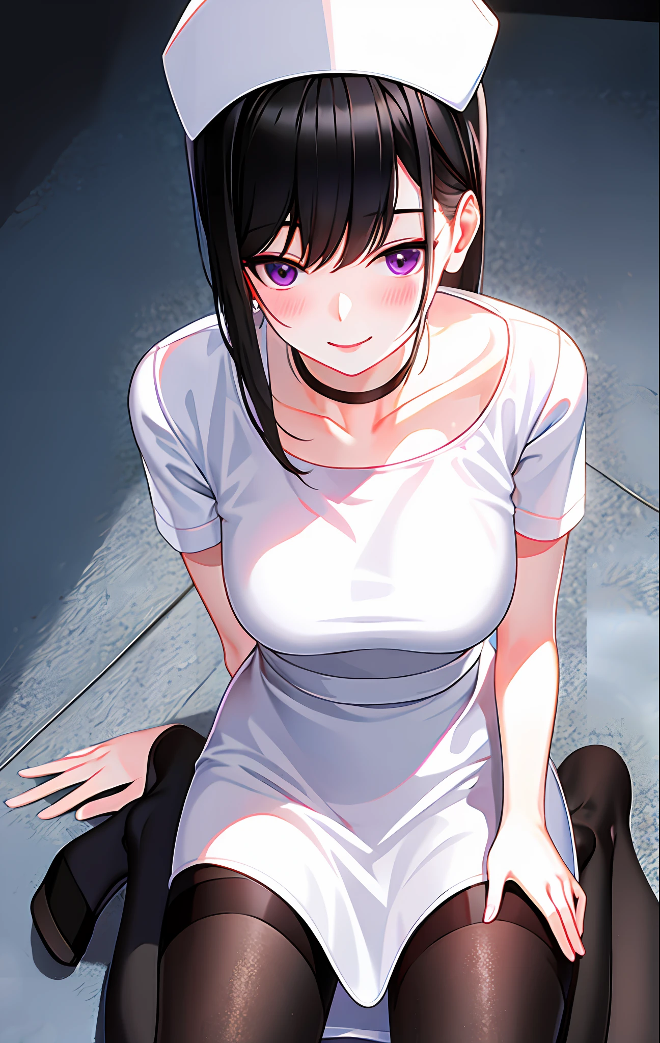 1girl, arm_support, bangs, black_choker, black_hair, black_legwear, blush, breasts, choker, collarbone, dress, gradient, gradient_background, grey_background, hand_on_own_chest, hat, long_hair, looking_at_viewer, nurse, nurse_cap, pantyhose, purple_eyes, short_sleeves, sidelocks, sitting, smile, solo, white_dress, white_footwear, white_headwear, yokozuwari