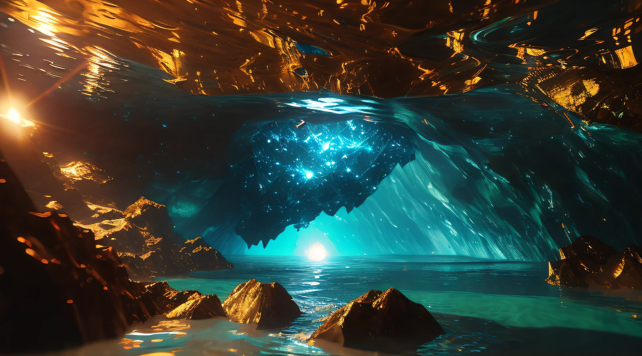 (Best quality),(masterpiece),(ultra detailed),(high detailed),(extremely detailed),turbulent liquid diamond cave in the ocean, glowing eyes, delirium, wonder, fantasy, ultra realistic, hyper detailed, photorealistic, octane render, unreal engine, ultra detail, volumetric lighting, HD, mirrored, smoke, dust, glowing, ultra realistic, ultra detailed, high contrast, photo realistic, Citations, artwork, movie plot, high contrast, CineStill 800T, 40mm f2.8,