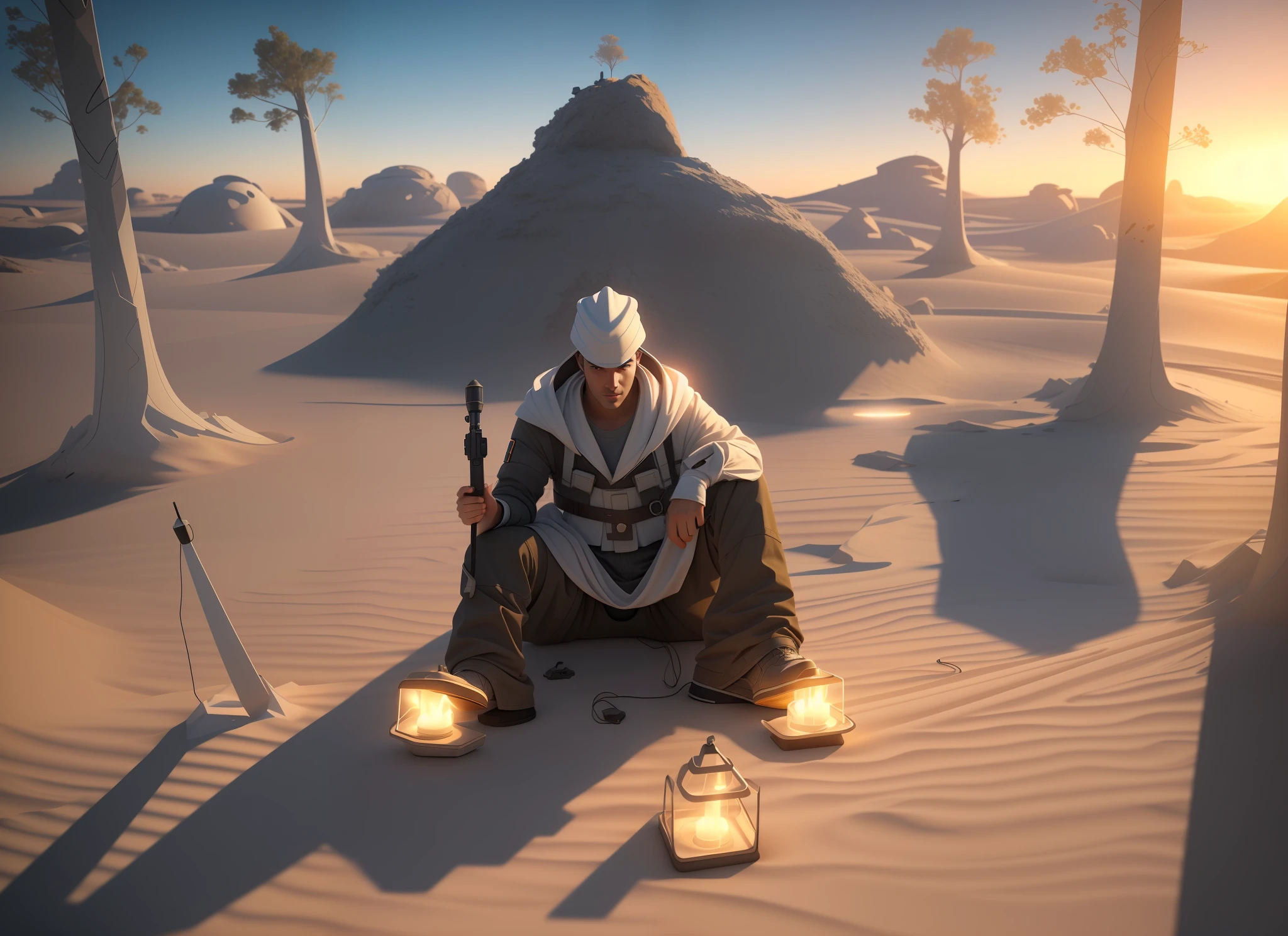 a man in a white outfit sitting on the ground with torches, fantasy style 8 k octane render, (octane render) fantasy style, 3 d epic illustrations, rolands zilvinskis 3d render art, inspired by Mike Winkelmann, stargate standing in desert, cg artist, digital painting. octane render, greg rutkowski. octane render