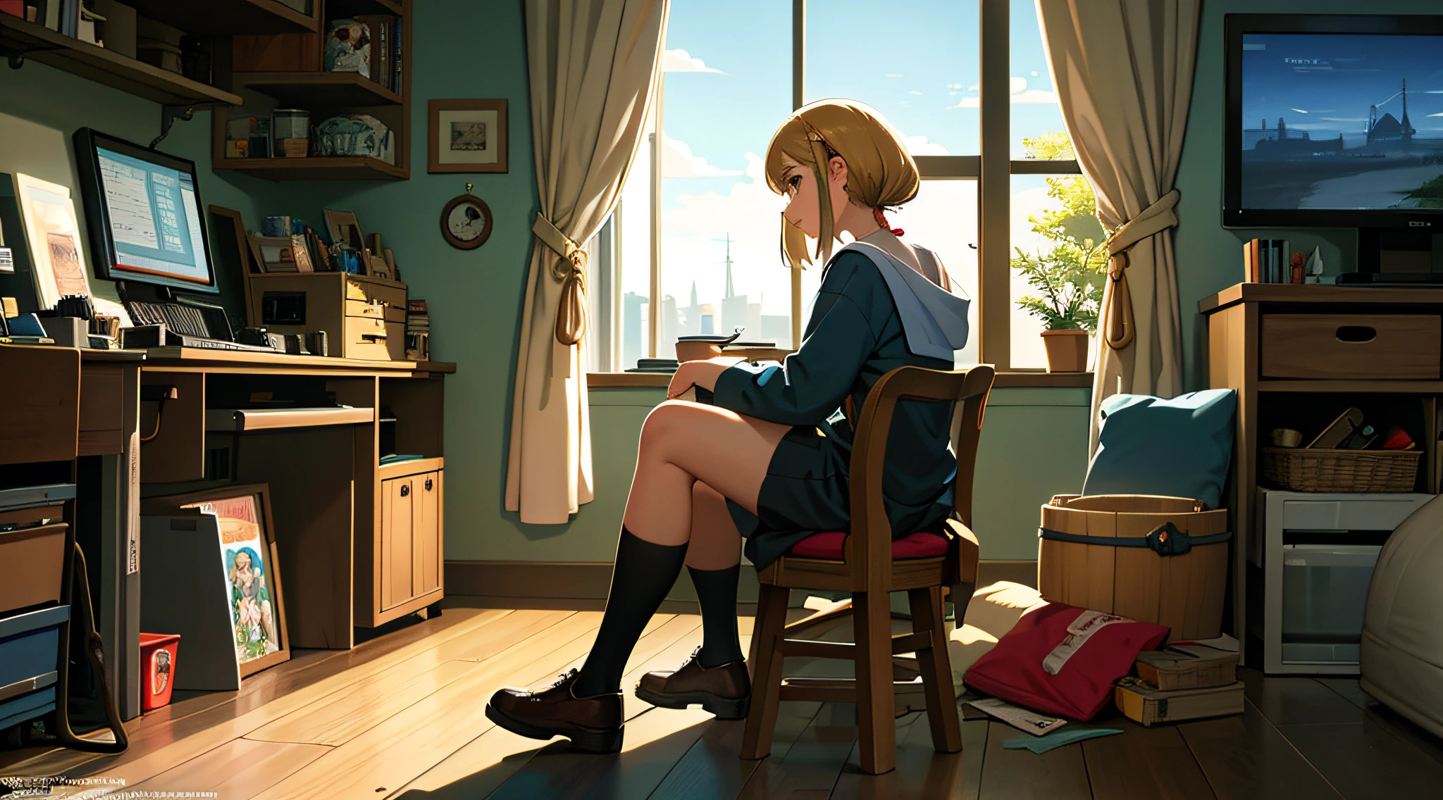 Best masterpiece, masterpiece, top quality, official art, aesthetic, detailed, studio animation, busy scene of small machine town surrounded by small machines and tools, girl sitting in room, repairing something, concentrating on inventing something with curiosity, back view, invention, super detail, ultra high definition, ultra high definition, ultra high quality, 4K, 8K, 16K, Ghibli style.