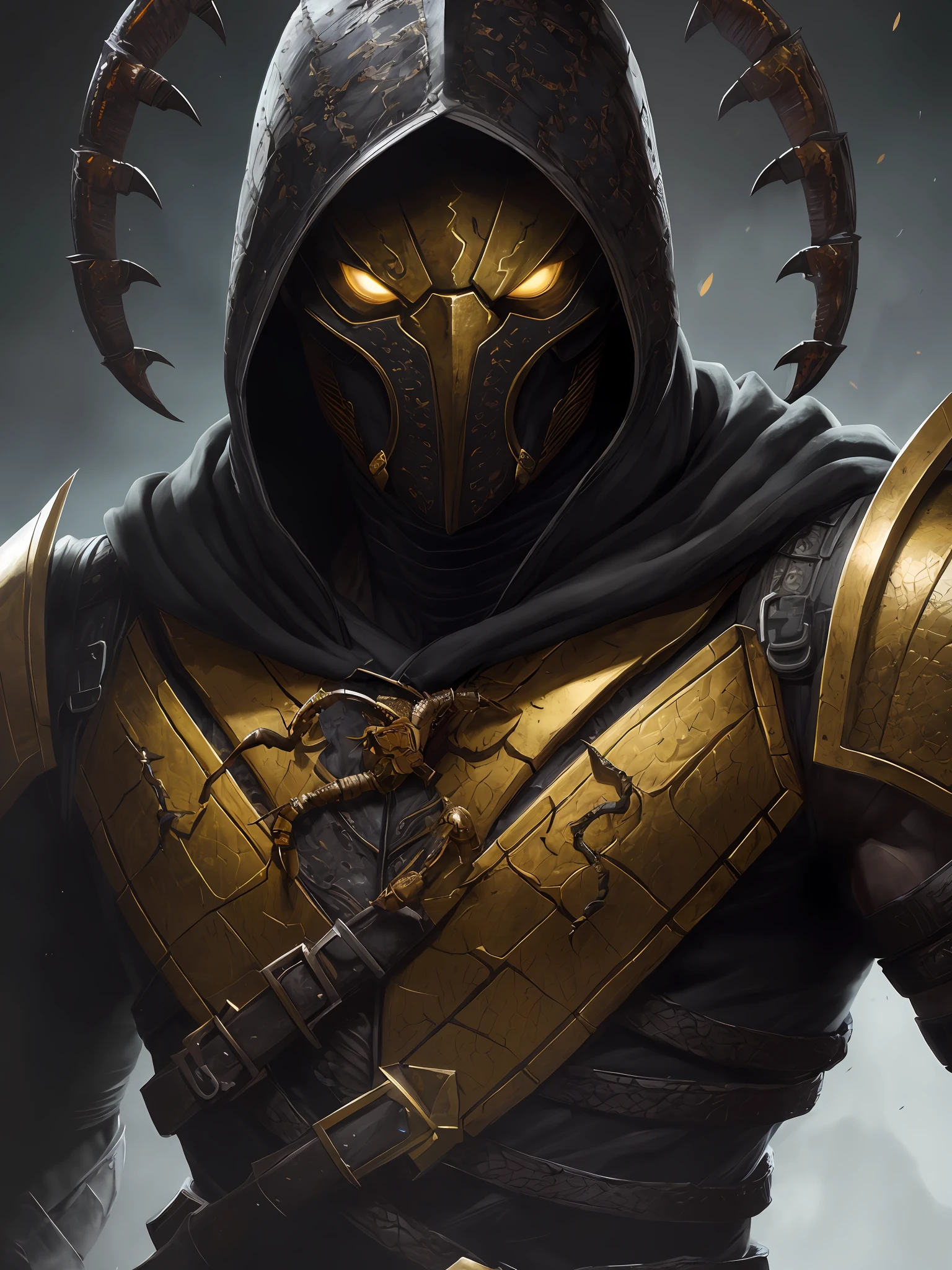 a portrait, scorpion from mortal kombat, detailed white eyes, bladk anc yellow armor, hood, veins on his arm, Intricate, High Detail, Sharp focus, dramatic, photorealistic painting art by greg rutkowski