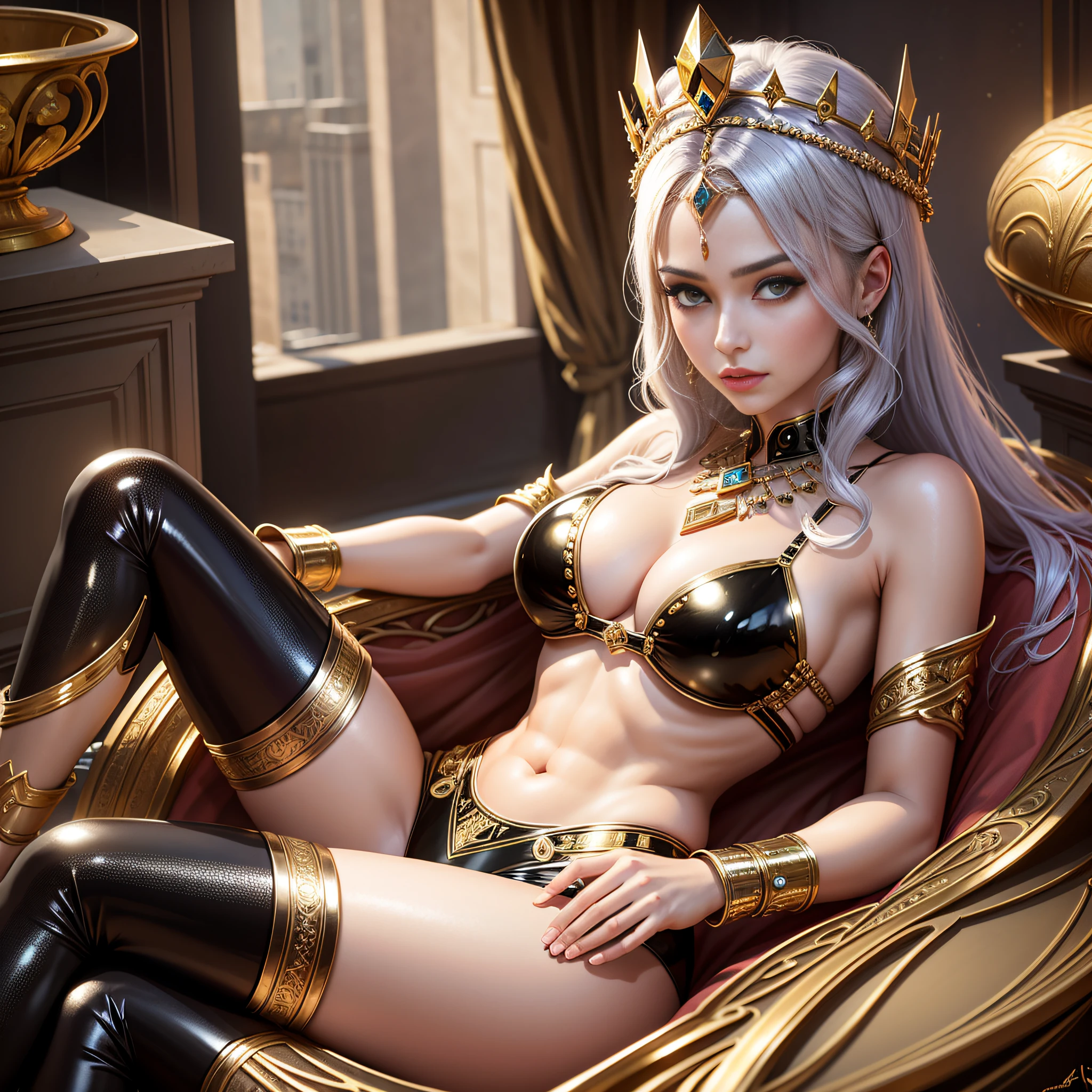 Queen of an ancient empire, worldly beauty, sexy limbs, super bikini, latex, glittering outfit